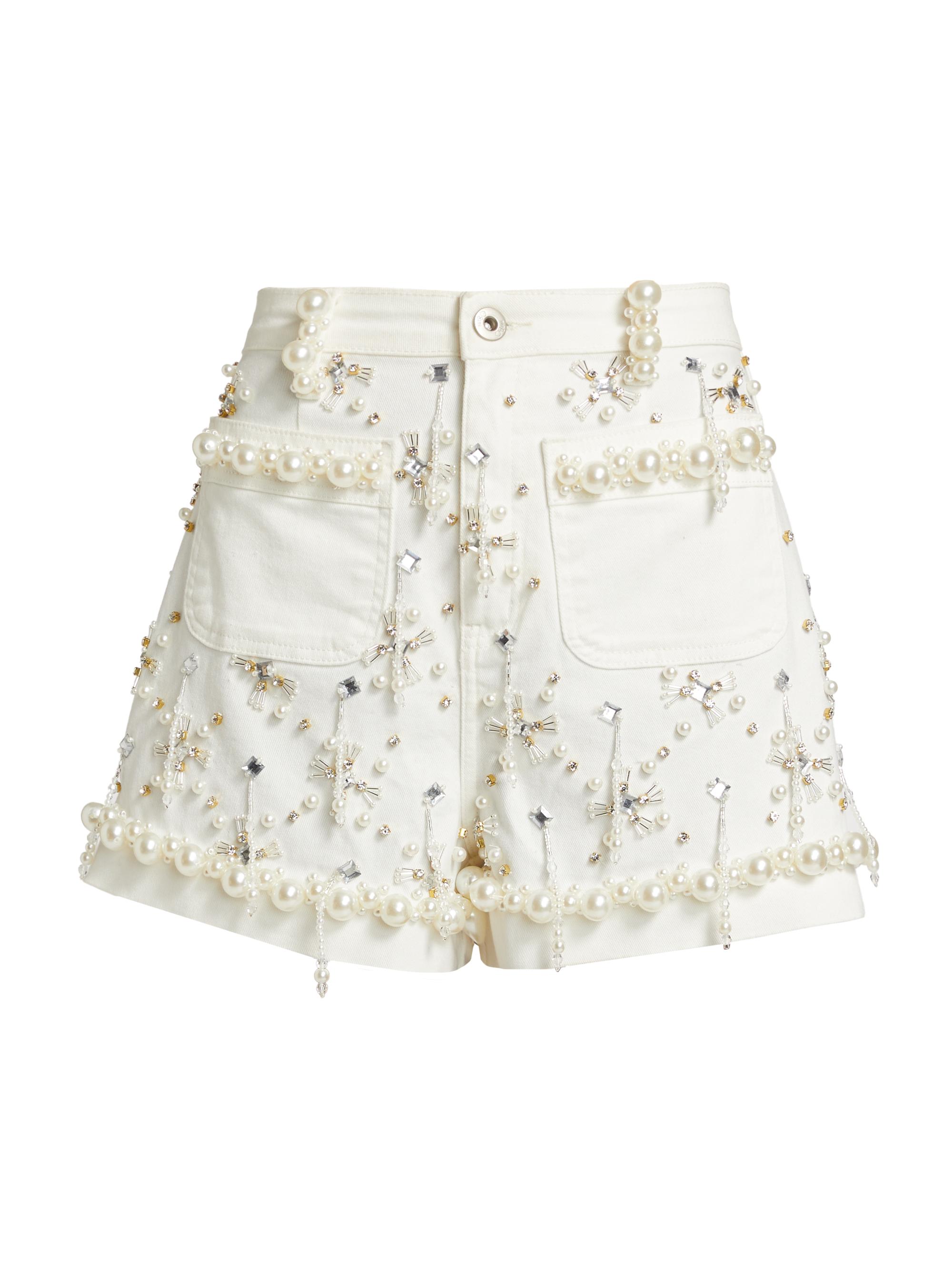 PatBO Women's Embellished Denim High-Rise Shorts - White