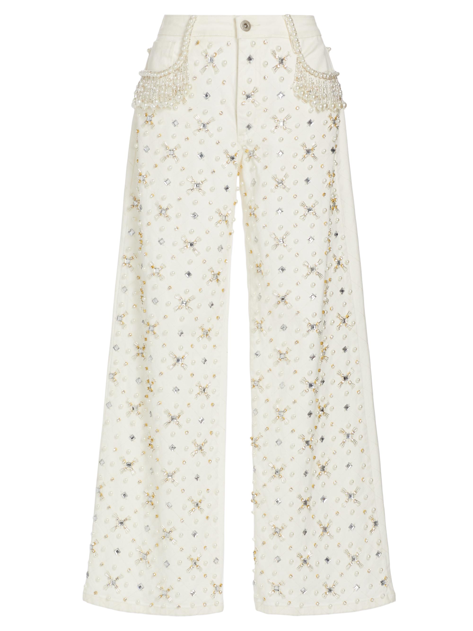 PatBO Women's Beaded Wide-Leg Jeans - White