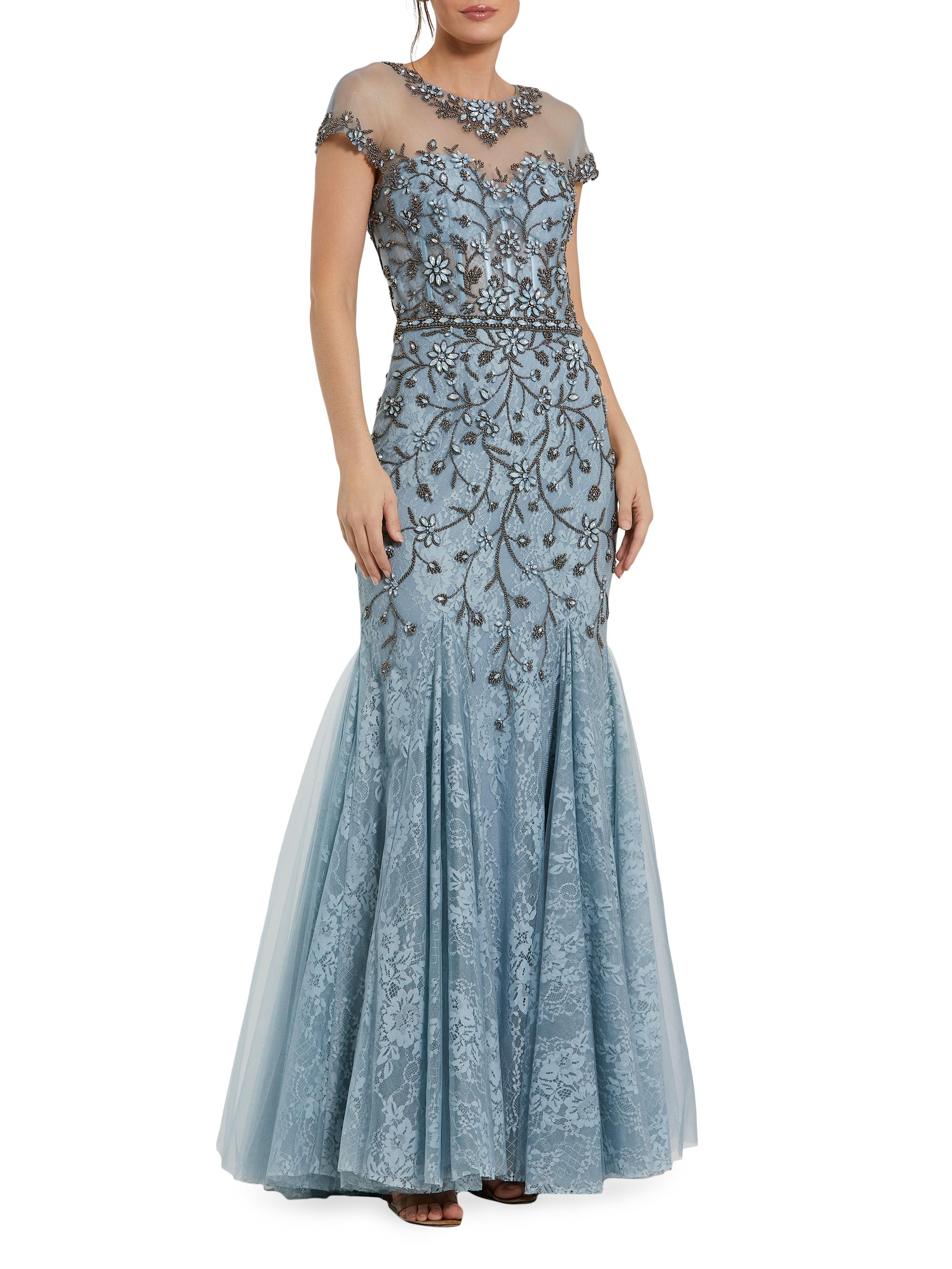 Mac Duggal Women's Crystal Lace Illusion Mermaid Gown - Slate Blue