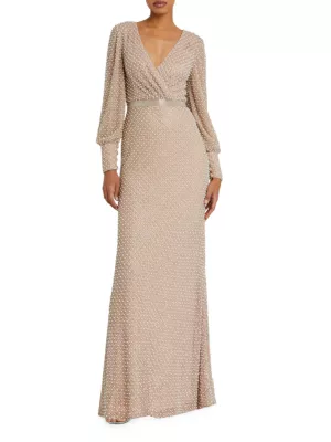 Mac Duggal Women's Pearl-Embellished Long-Sleeve Gown -  Beige