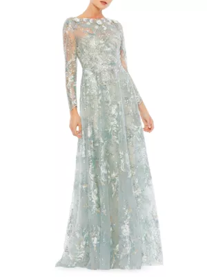 Mac Duggal Sequin Long Sleeve A-Line Gown - Sterling