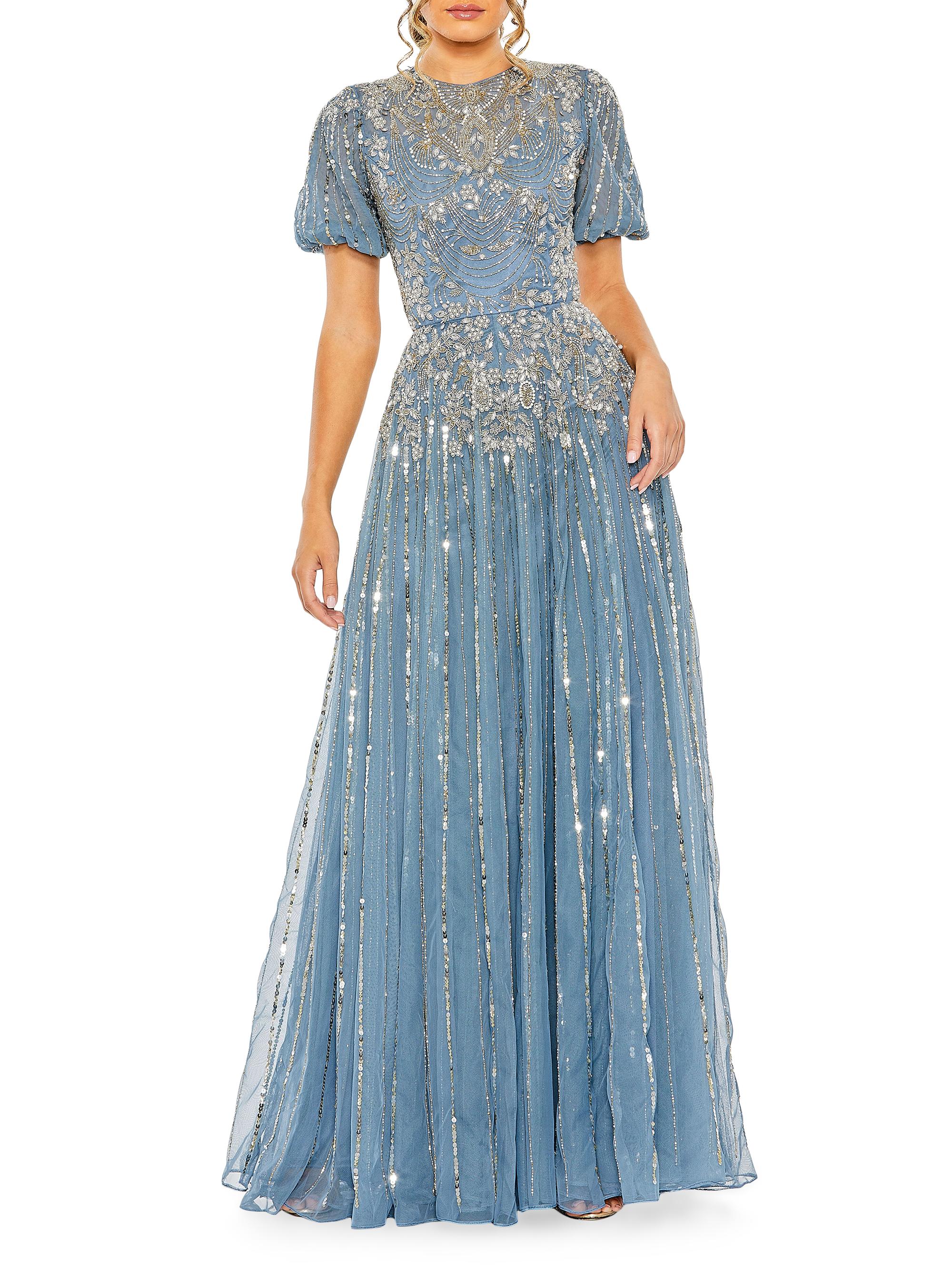 Mac Duggal Women's Embellished Puff-Sleeve A-Line Gown - Slate Blue