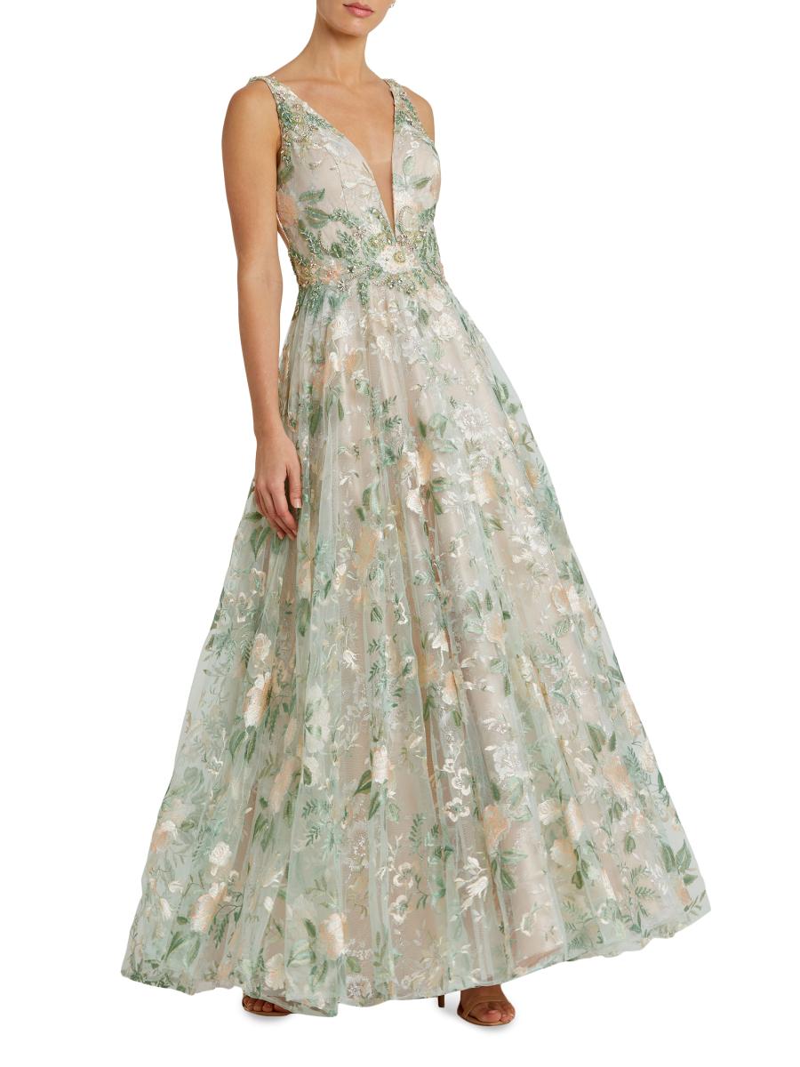 ●Mac Duggal●フローラル フリル Vネック アンクル ドレス Multicolor Floral V-neck Ruffle Maxi Dress | Mac Duggal