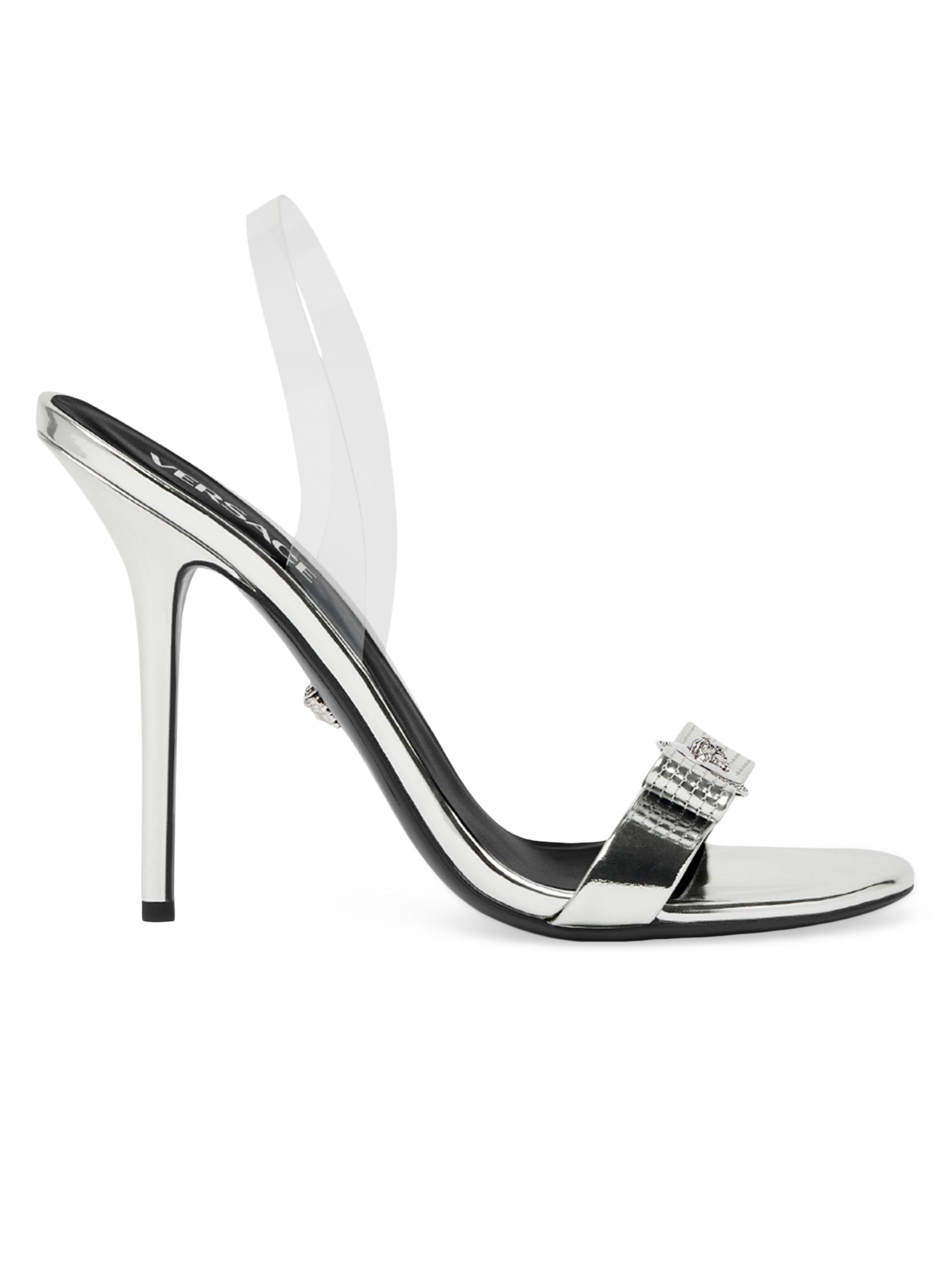 Versace Women's Gianni Ribbon 110MM Metallic Leather Slingback Sandals - Silver Palladium