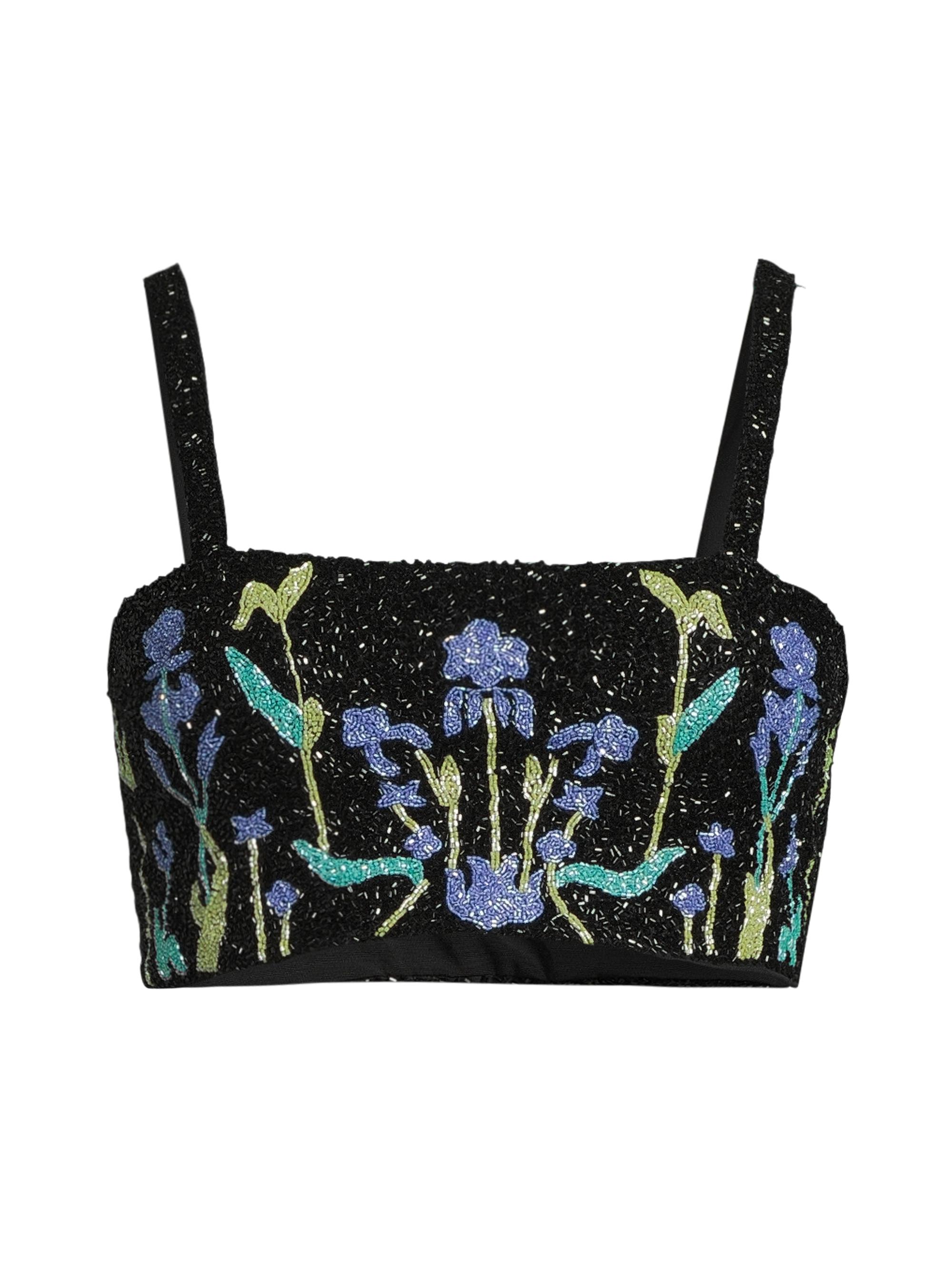 Oceanus Women's Santa Monica Floral Beaded Crop Top - Black Multi