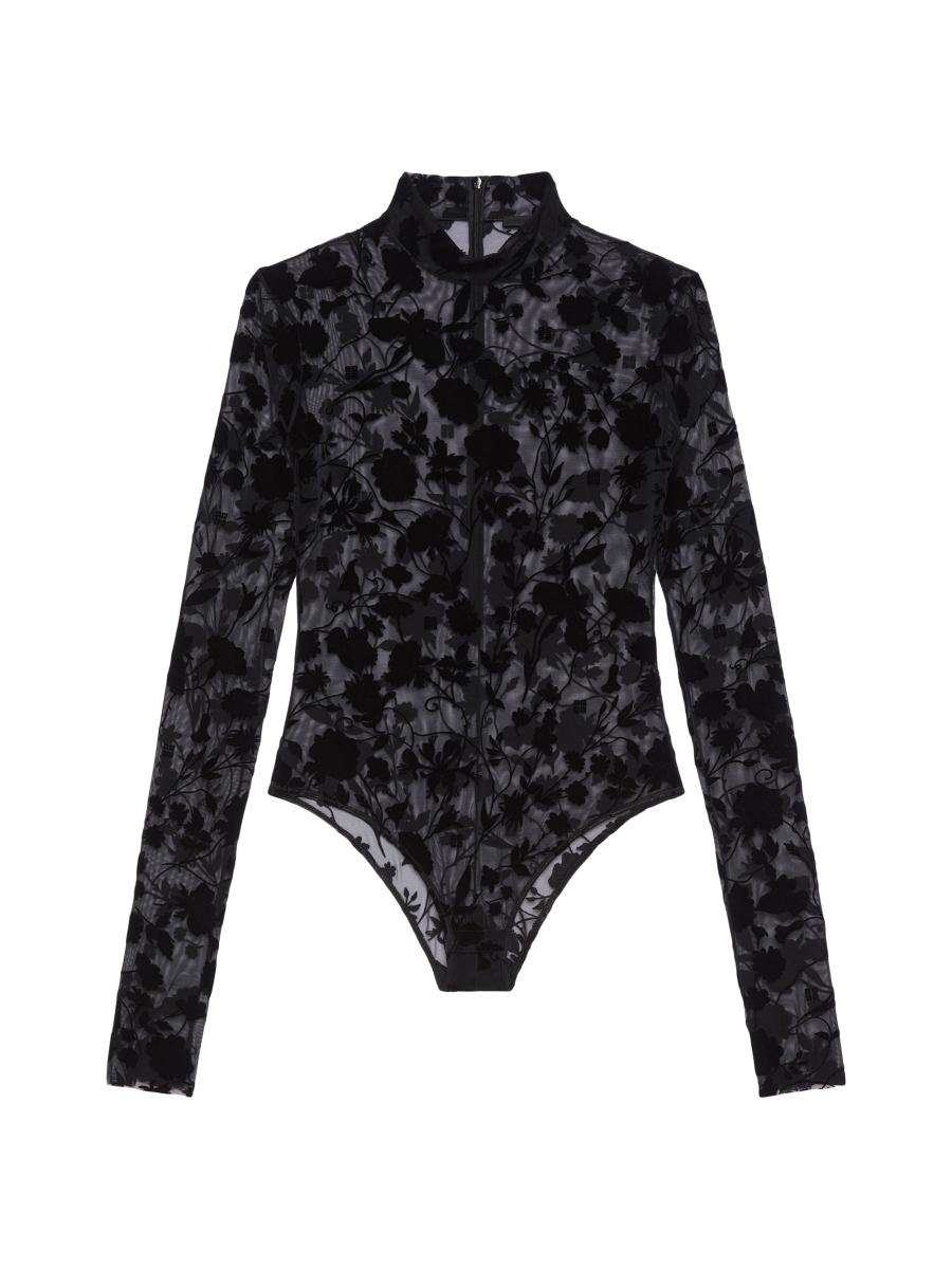 Tシャツ・カットソー GIVENCHY MONOGRAM TULLE BODYSUIT Givenchy Black Shiny Monogram 72 Tulle Bodysuit Givenchy