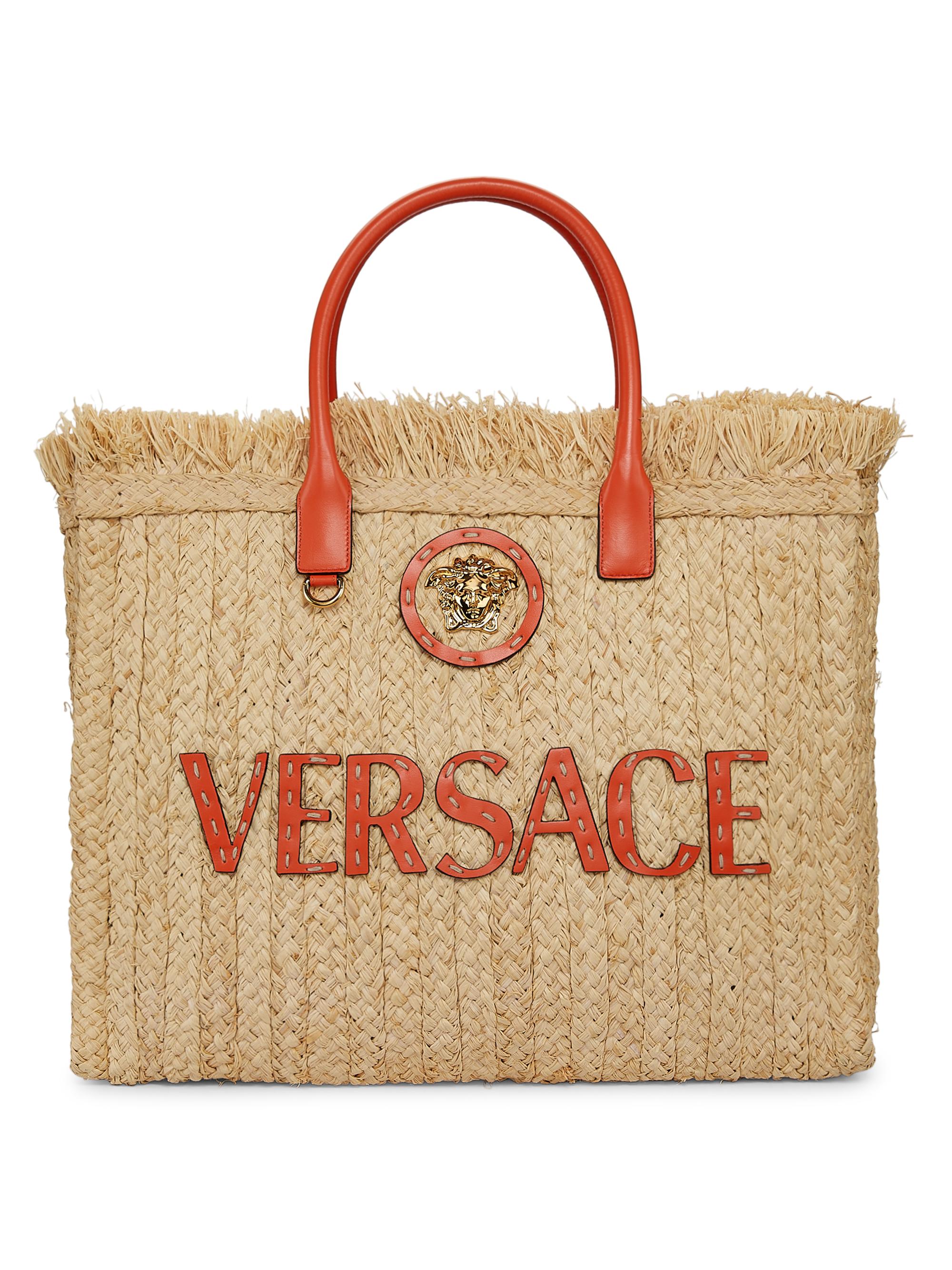 Versace Women's  La Medusa Straw & Leather Tote Bag - Naturale Coral
