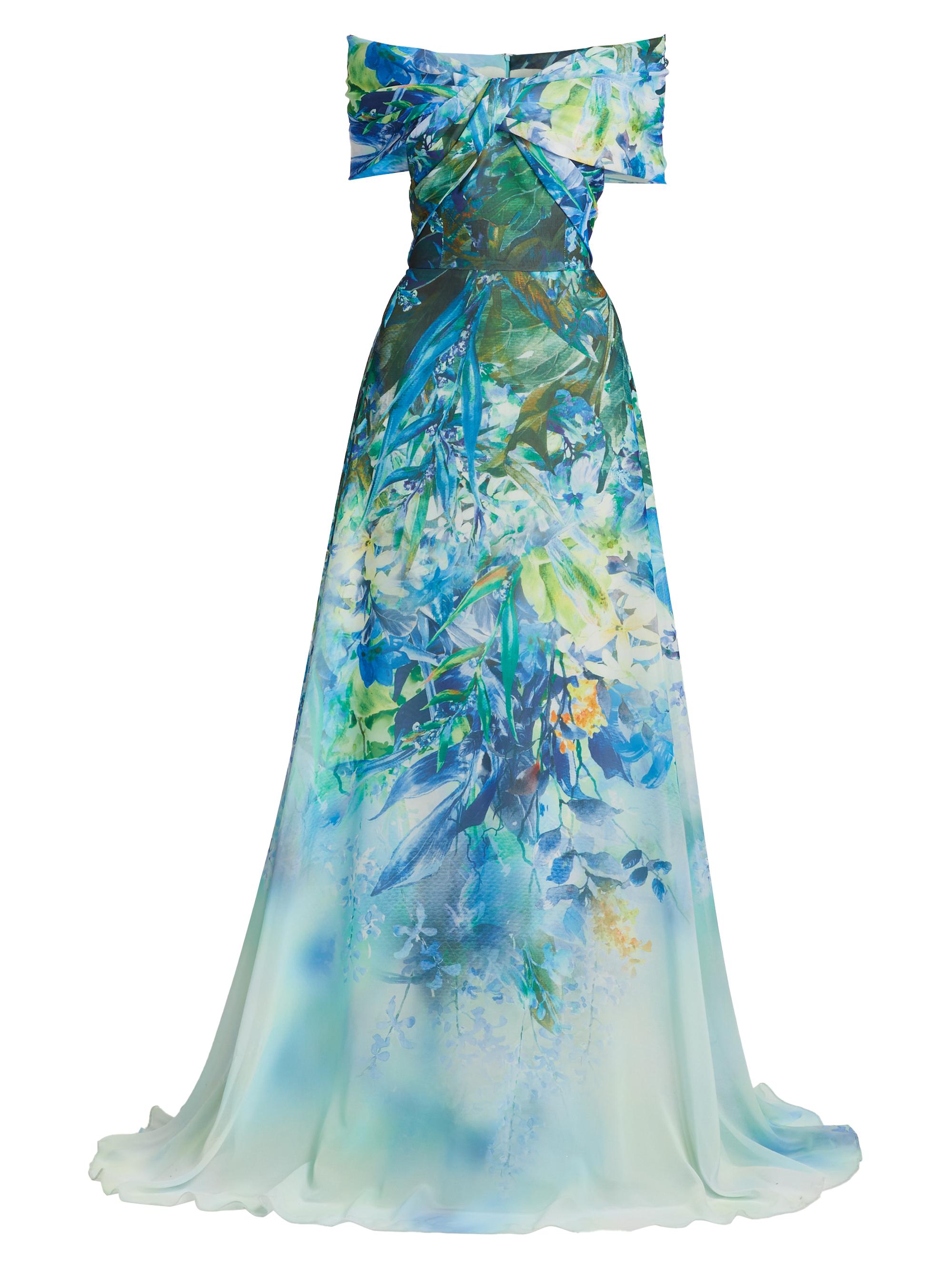 Teri Jon by Rickie Freeman Women's Criss-Cross Leaf Georgette Gown - Blue Multi