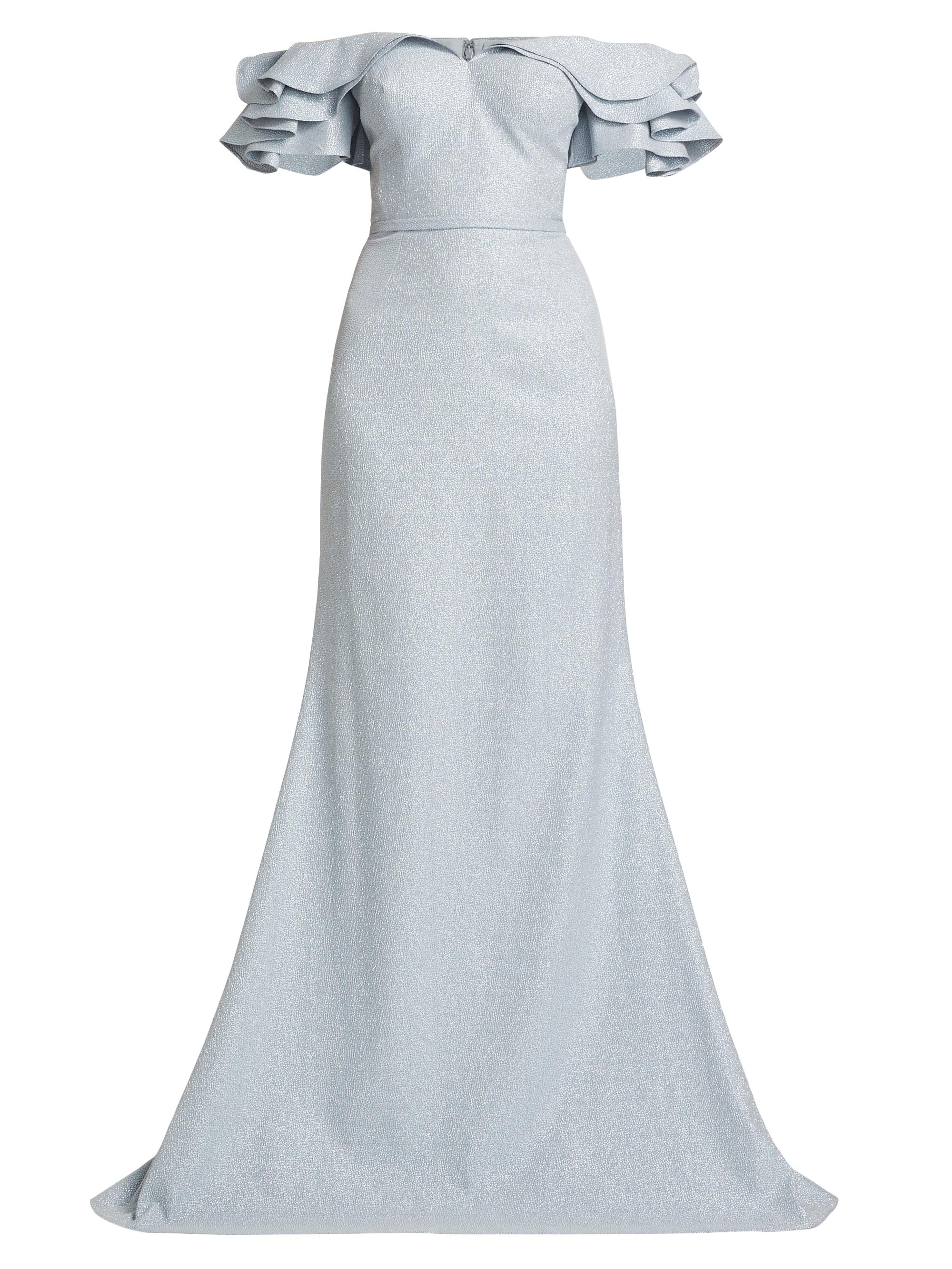Teri Jon by Rickie Freeman Women's Jacquard Cascade Ruffle-Sleeve Gown - Light Blue