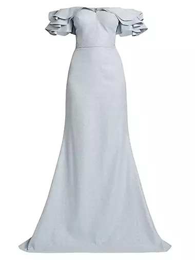 Jacquard Cascade Ruffle-Sleeve Gown