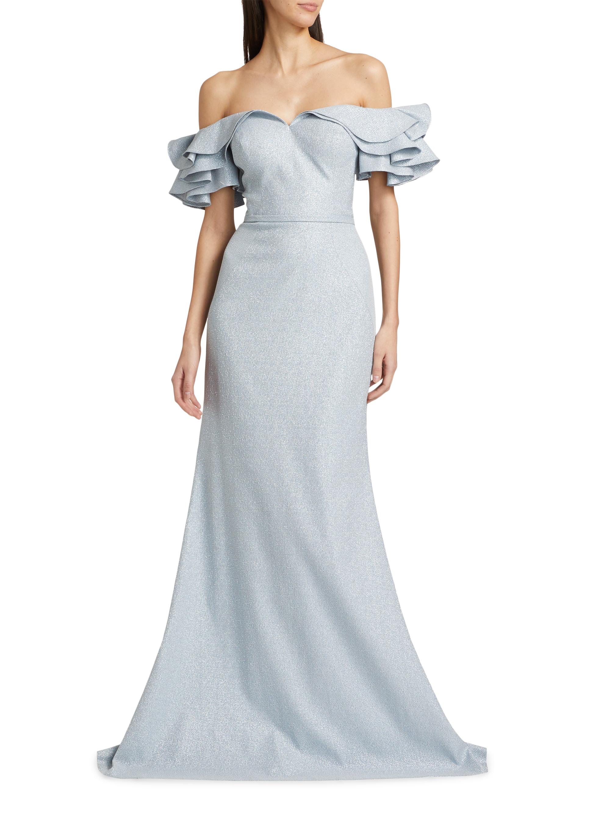 Teri Jon by Rickie Freeman Jacquard Cascade Ruffle-Sleeve Gown