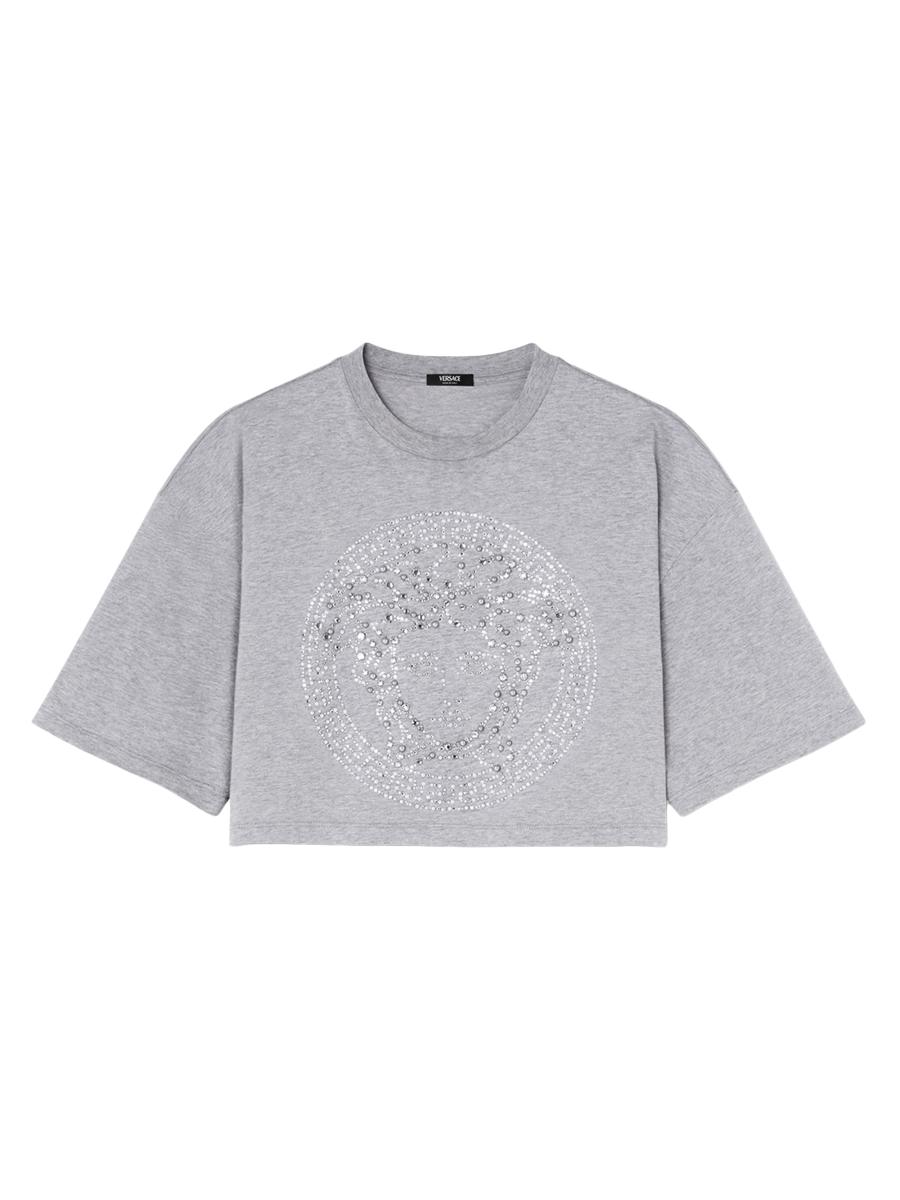 トップス Versace T shirt Women Large Cropped printed cotton T-shirt in black - Versace | Mytheresa