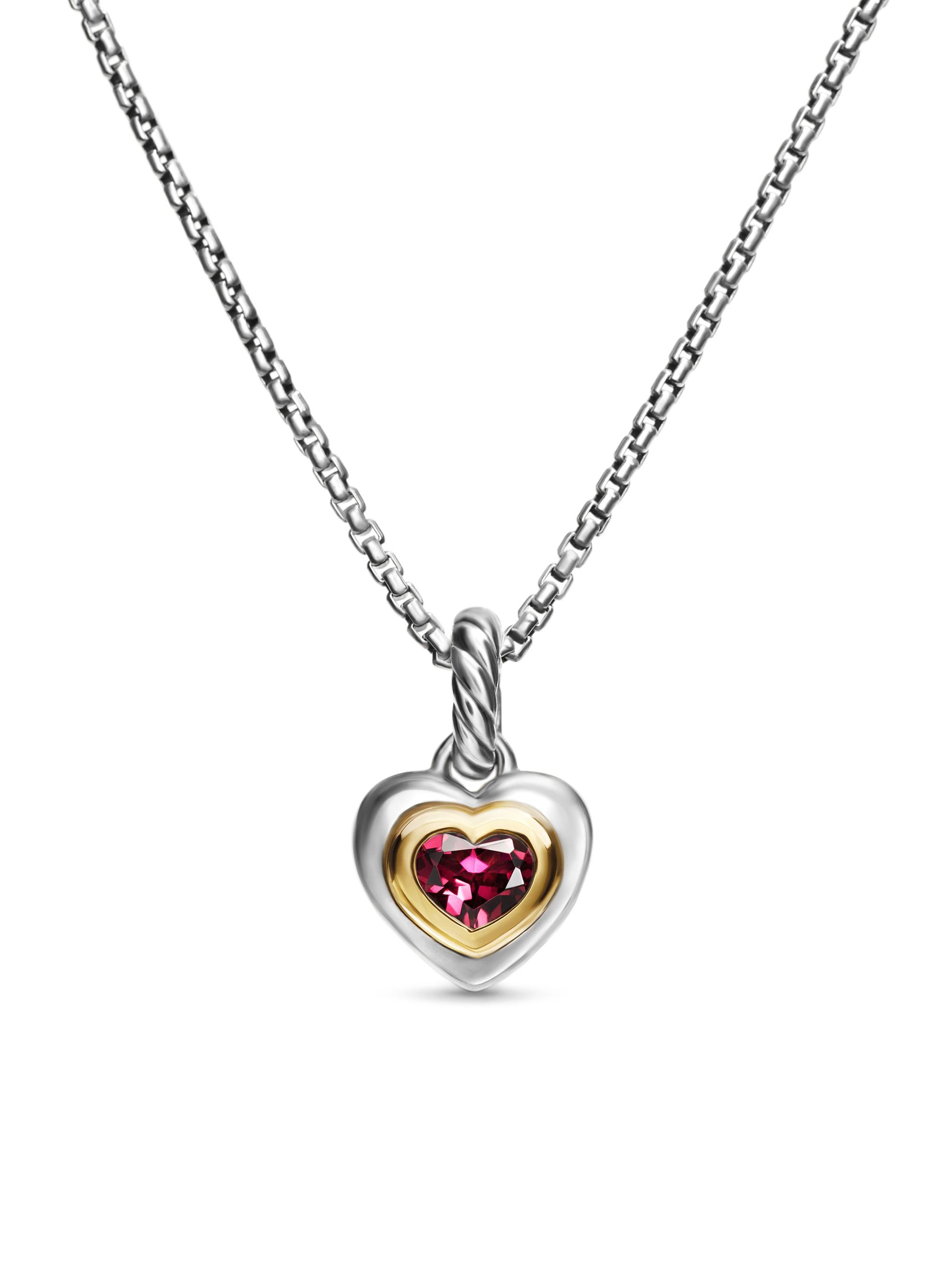 David Yurman Women's Petite Cable Heart Pendant Necklace in Sterling Silver, 14K Yellow Gold and Rhodolite Garnet, 17.1MM - Rhodolite Garnet