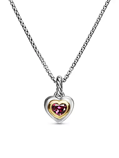 Petite Cable Heart Pendant Necklace in Sterling Silver, 14K Yellow Gold and Rhodolite Garnet, 17.1mm