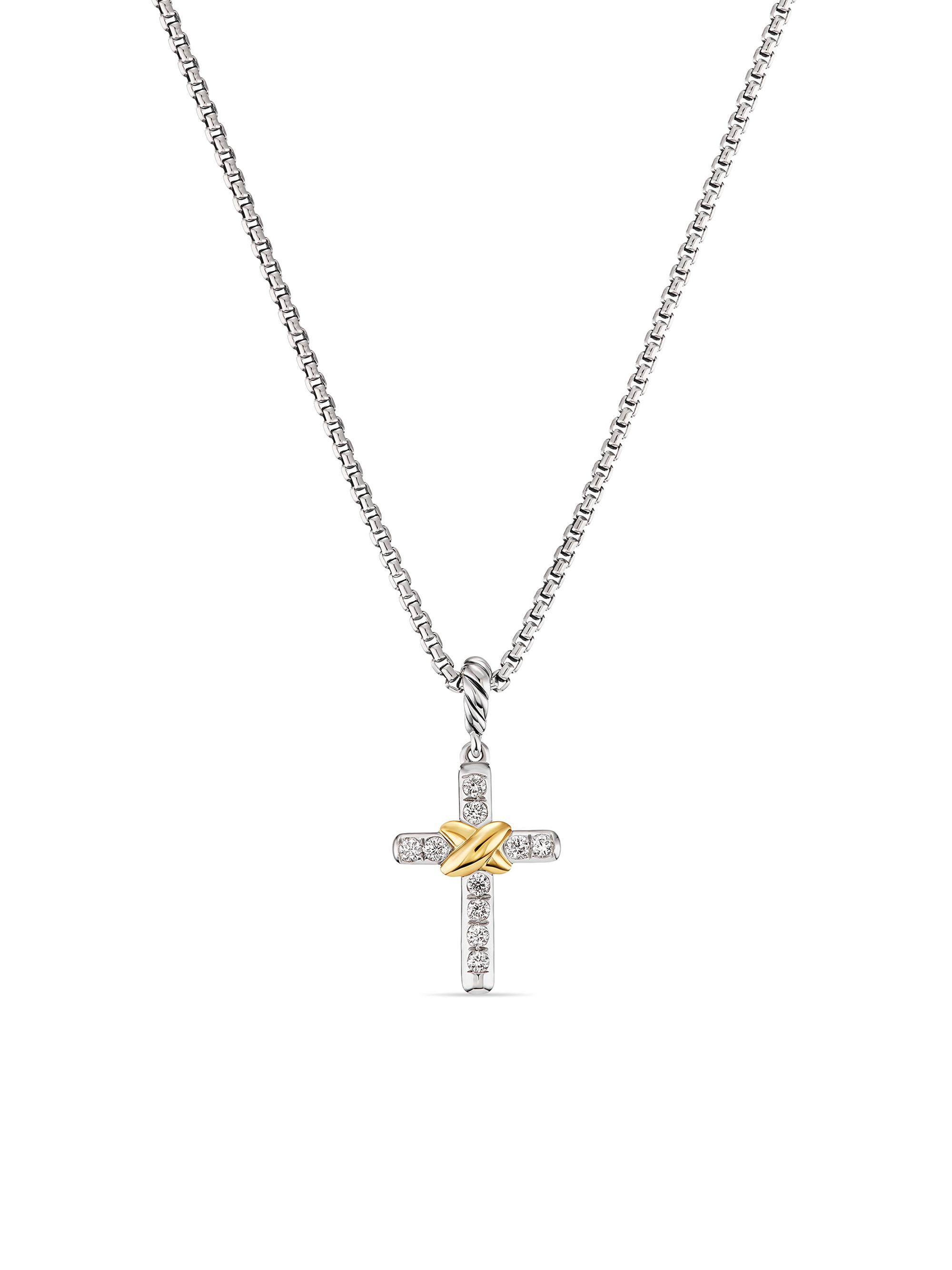 David Yurman Women's Petite Cross Necklace in Sterling Silver with 18K Yellow Gold with Diamonds, 20.8mm - Diamond