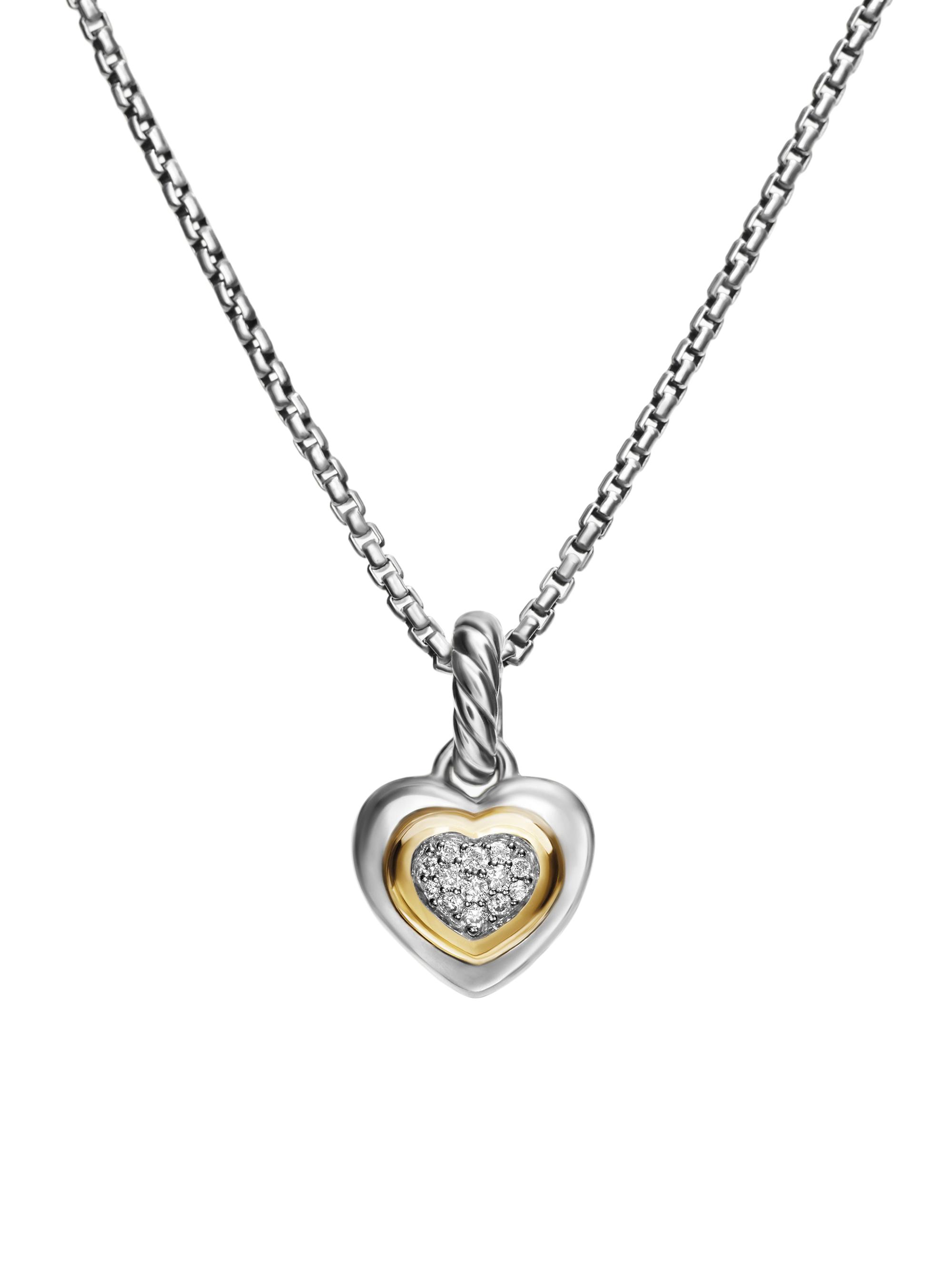 David Yurman Women's Petite Cable Heart Pendant Necklace in Sterling Silver with 14K Yellow Gold and Diamonds, 17.1MM - Diamond