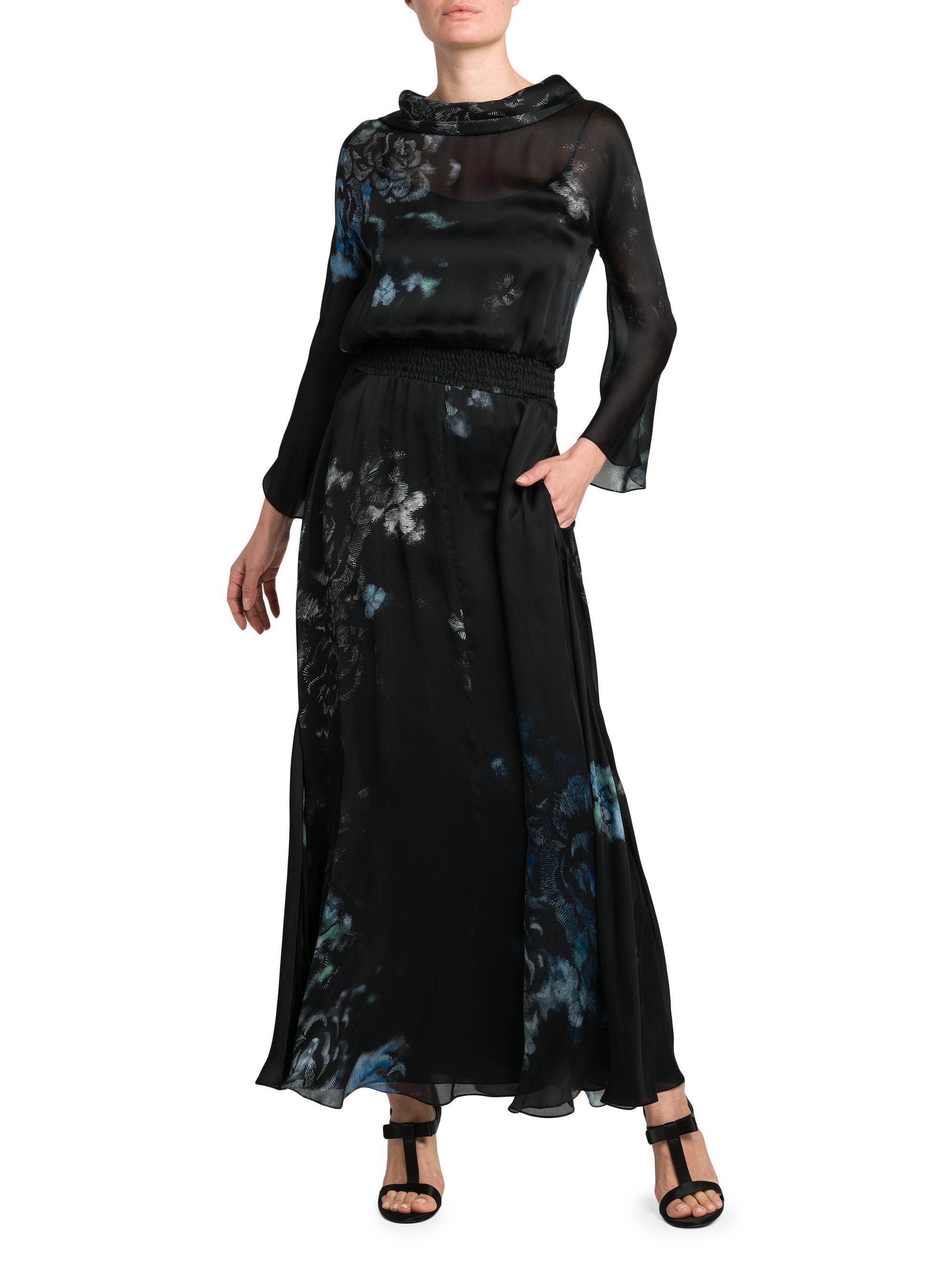 Giorgio Armani Floral Print Silk Gown With Smocked Waist, Black, Women's, 42 (6), Satin & Silk Gowns