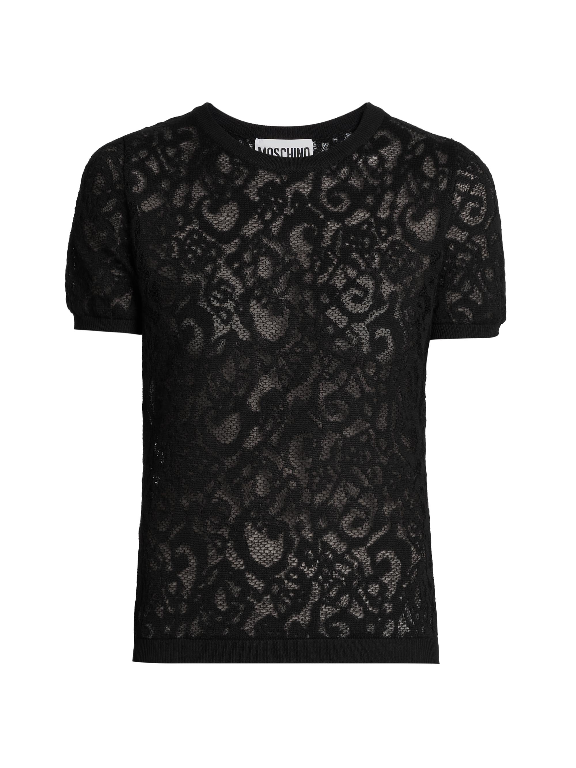 Moschino Women's Flocked Lace Short-Sleeve Blouse - Black