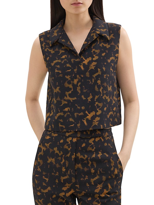 Shop Theory Tortoiseshell Crepe Cropped Polo Top | Saks Shop Theory Tortoiseshell Crepe Cropped Polo Top | Saks
