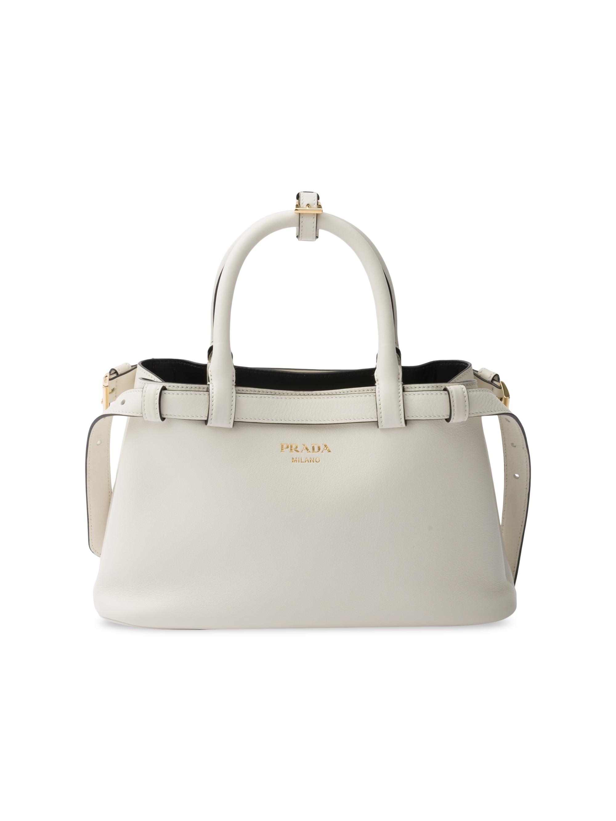 Prada Women's Buckle  Leather Top Handle Bag with Double Belt - White