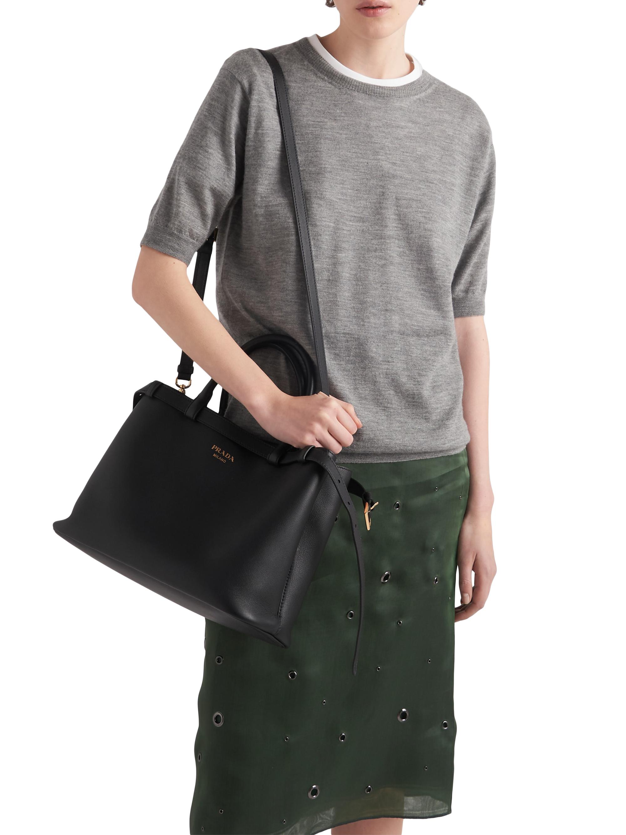 Prada Women's Buckle  Leather Top Handle Bag with Double Belt - Black