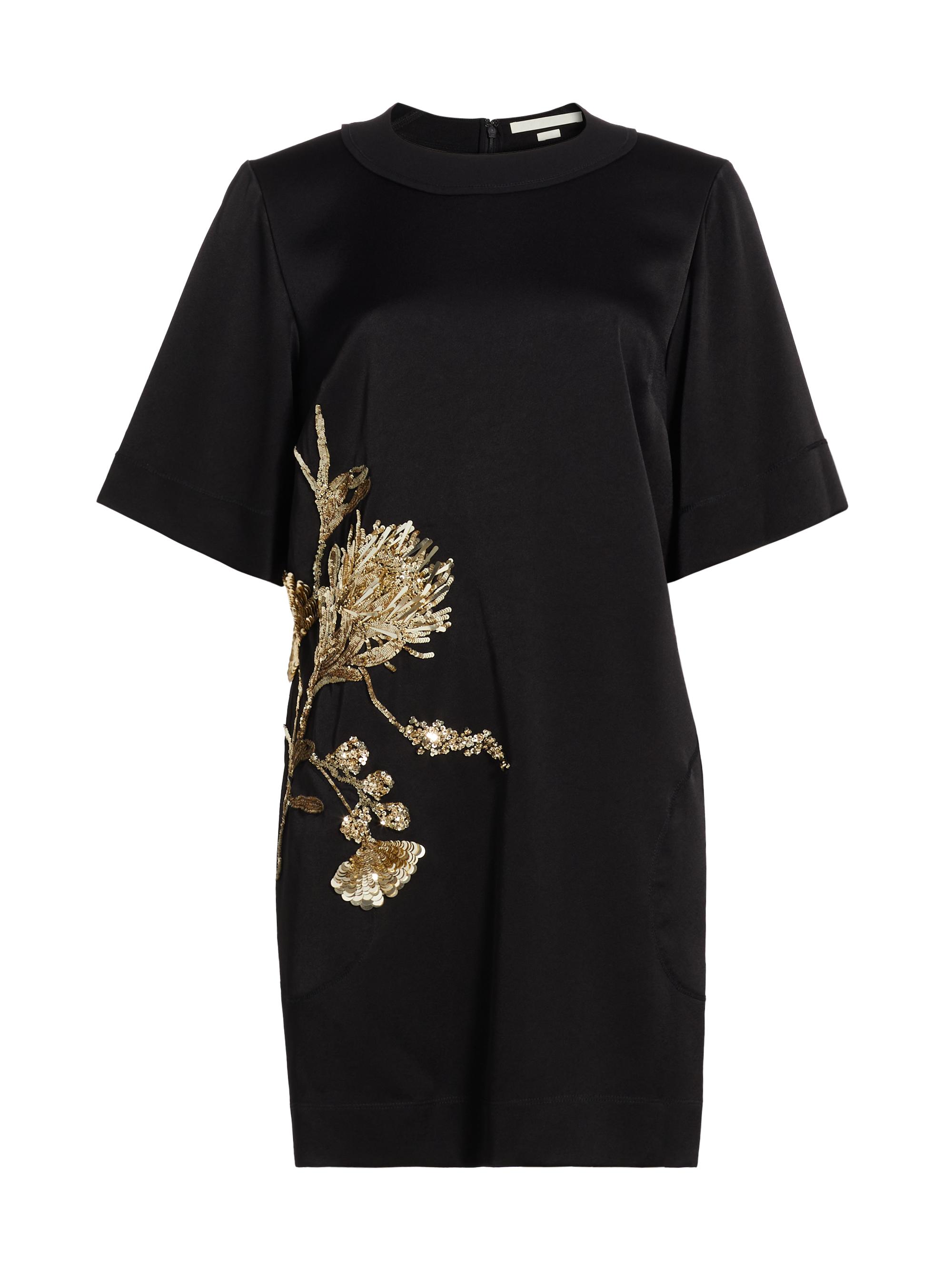 Jason Wu Collection Women's Beaded Floral Hammered Satin Shift Dress - Black
