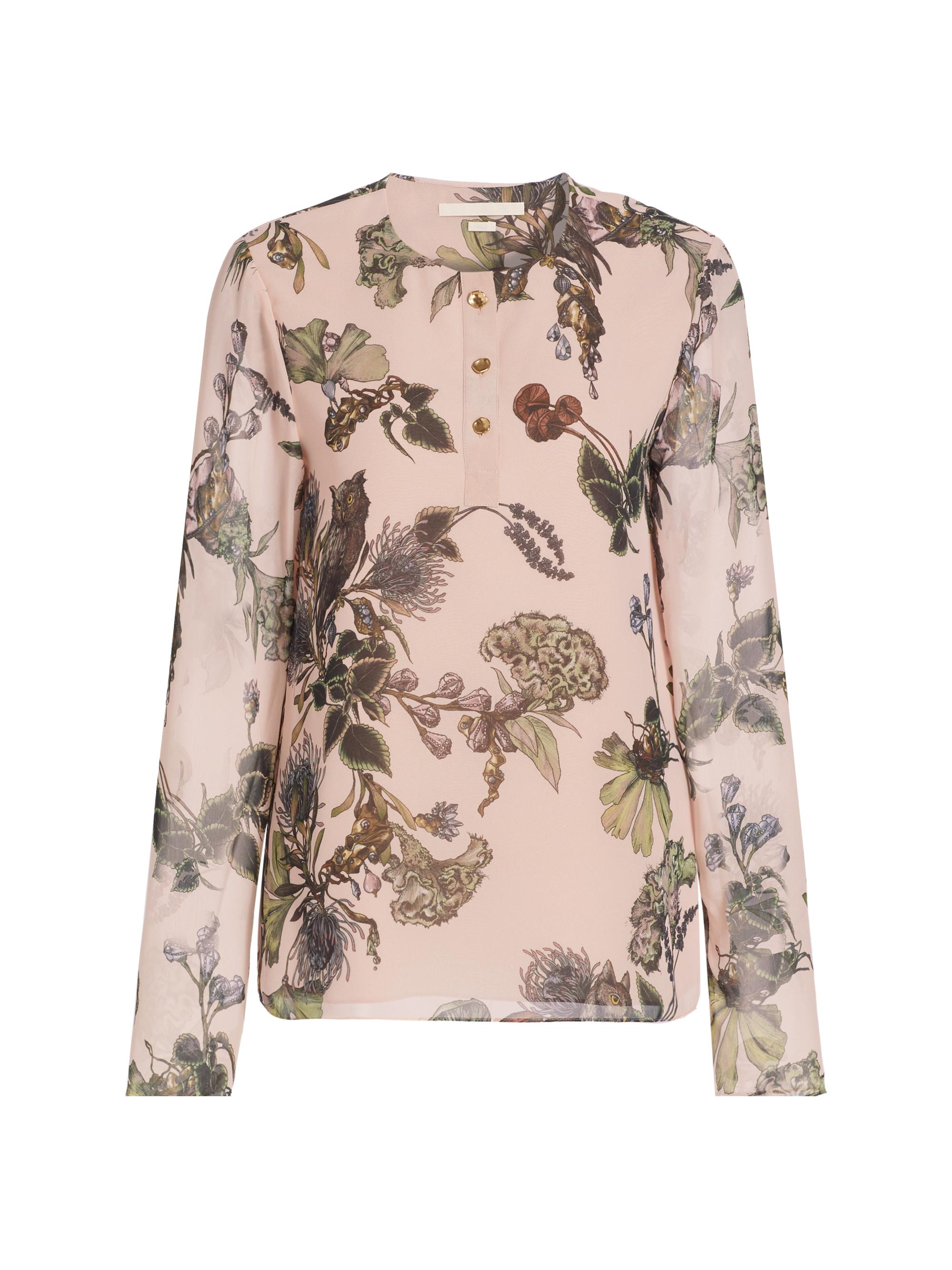 Jason Wu Collection Women's Semi-Sheer Forest Floral Henley Top - Rose Pink Multi
