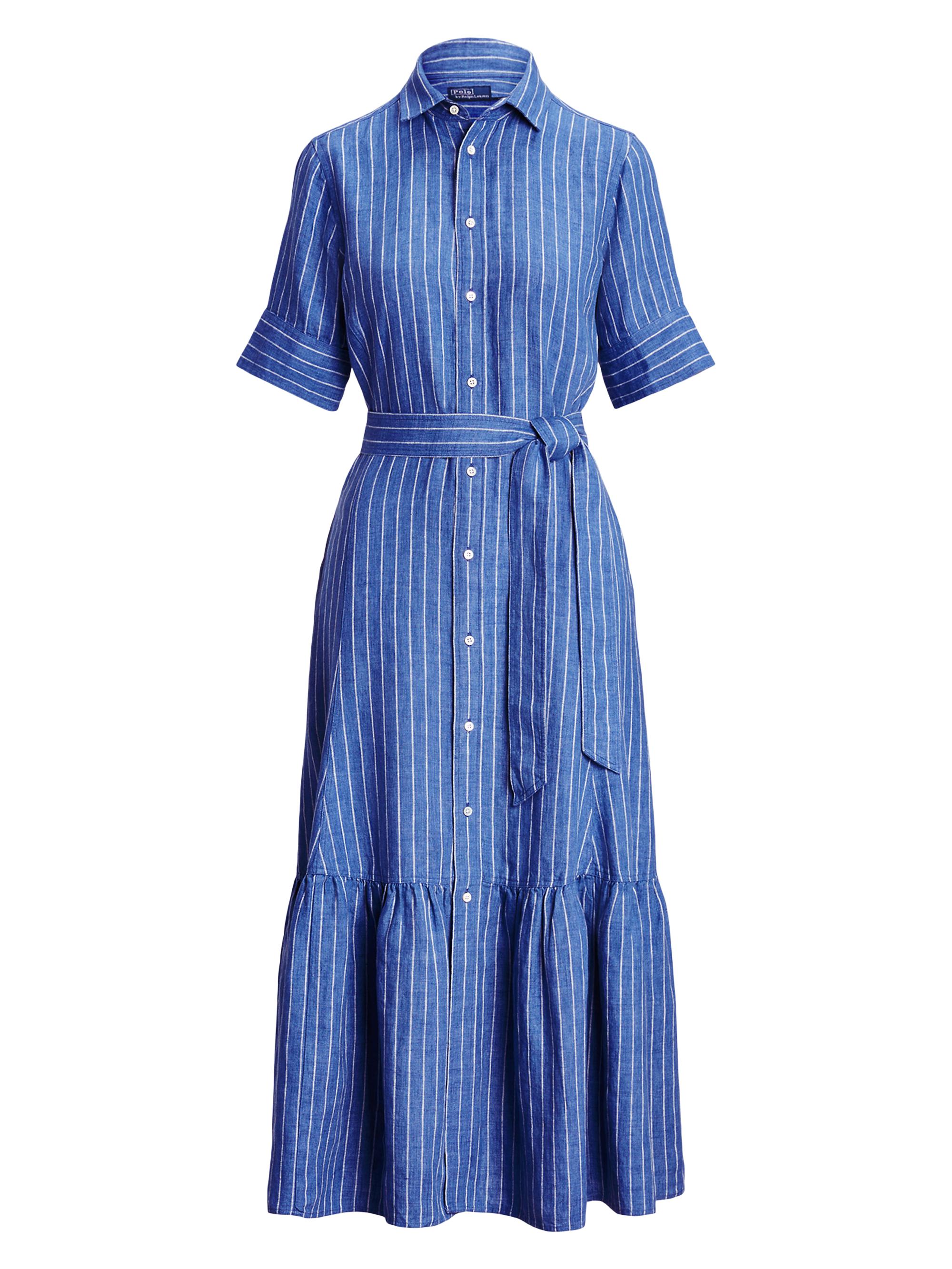 Polo Ralph Lauren Women's Belted Yarn-Dyed Stripe Linen Shirtdress - Medium Blue White