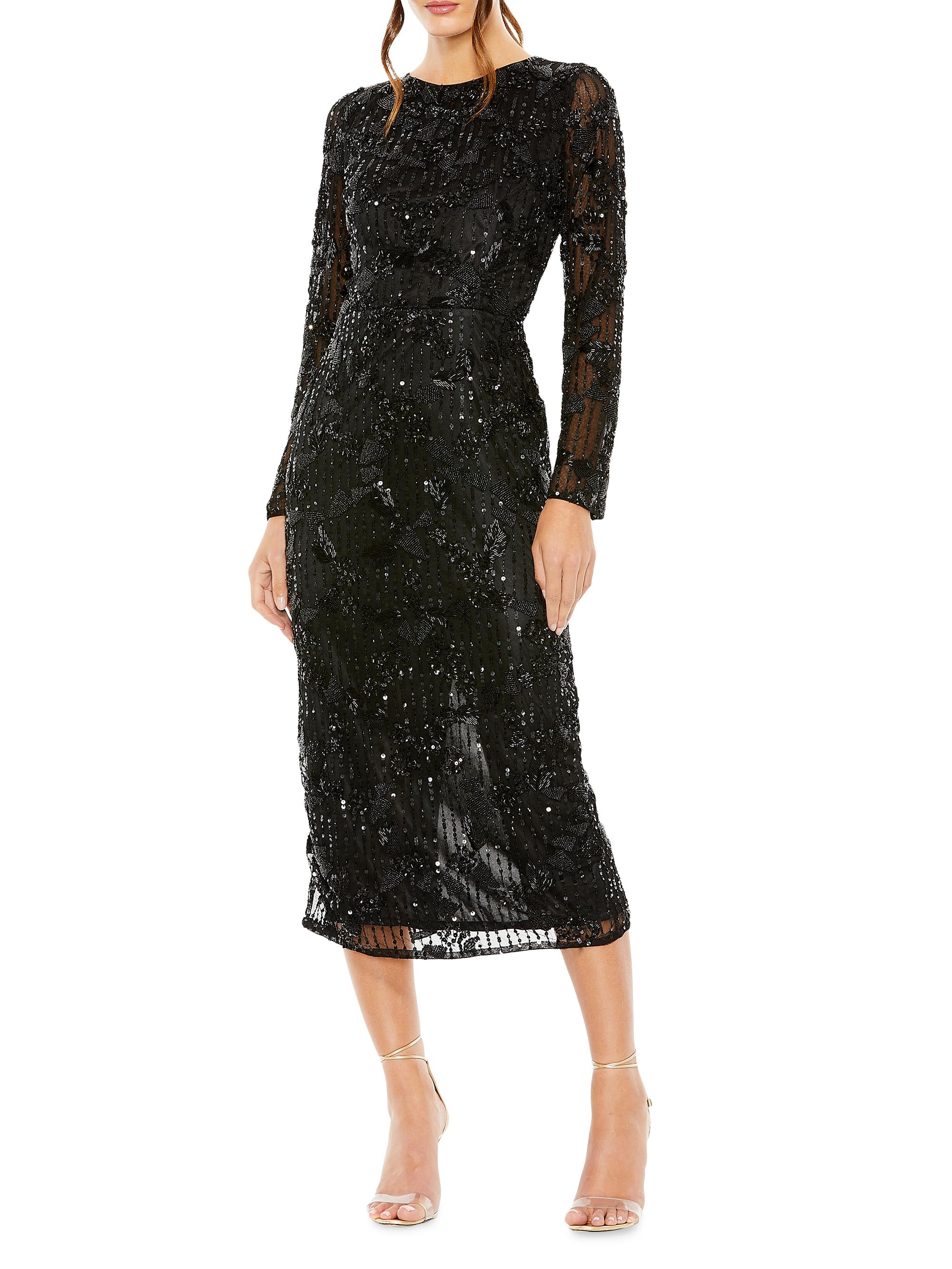Mac Duggal Beaded Long-Sleeve Midi-Dress Saks Fifth Avenue
