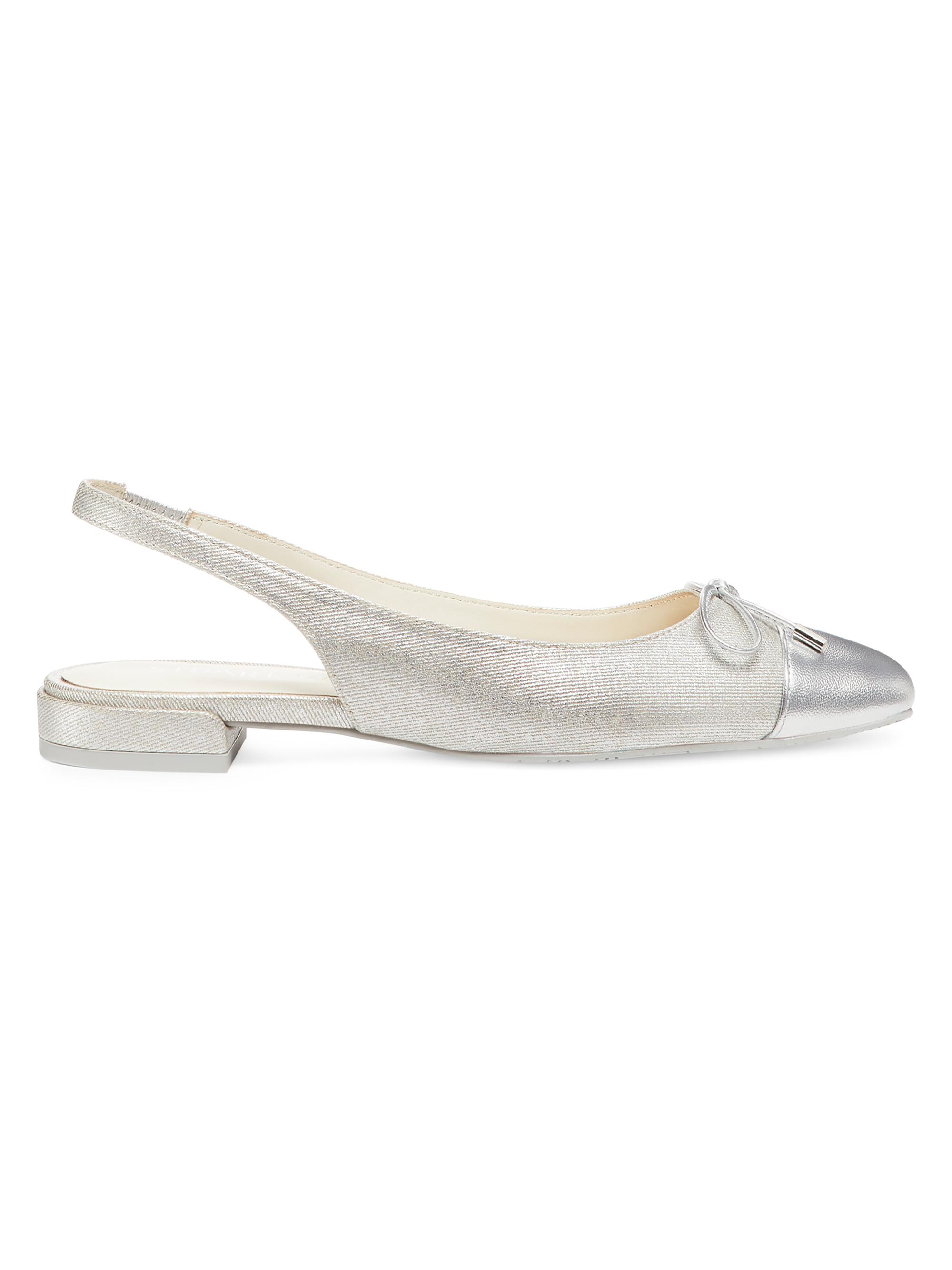Stuart Weitzman Women's Sleek Bow Metallic Linen Slingback Flats - Silver