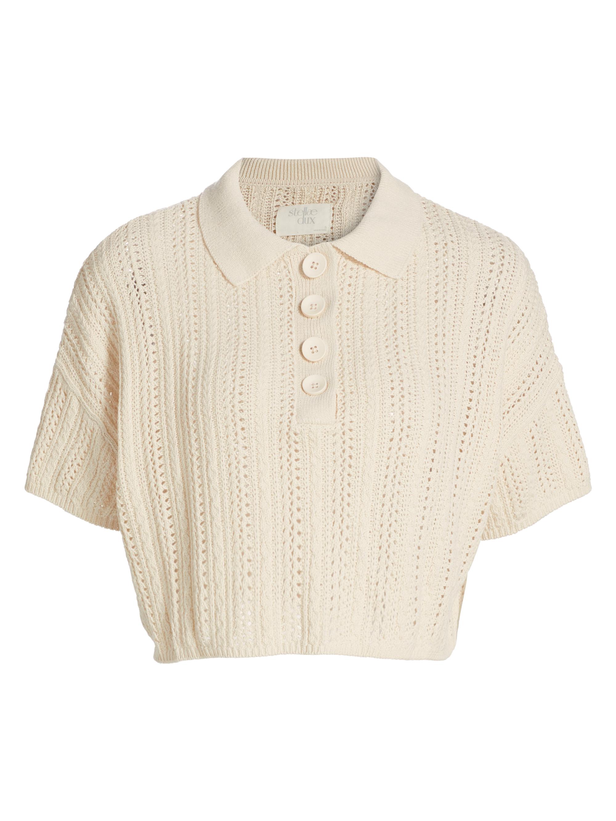 Stellae Dux Women's Crochet Polo Top - Natural