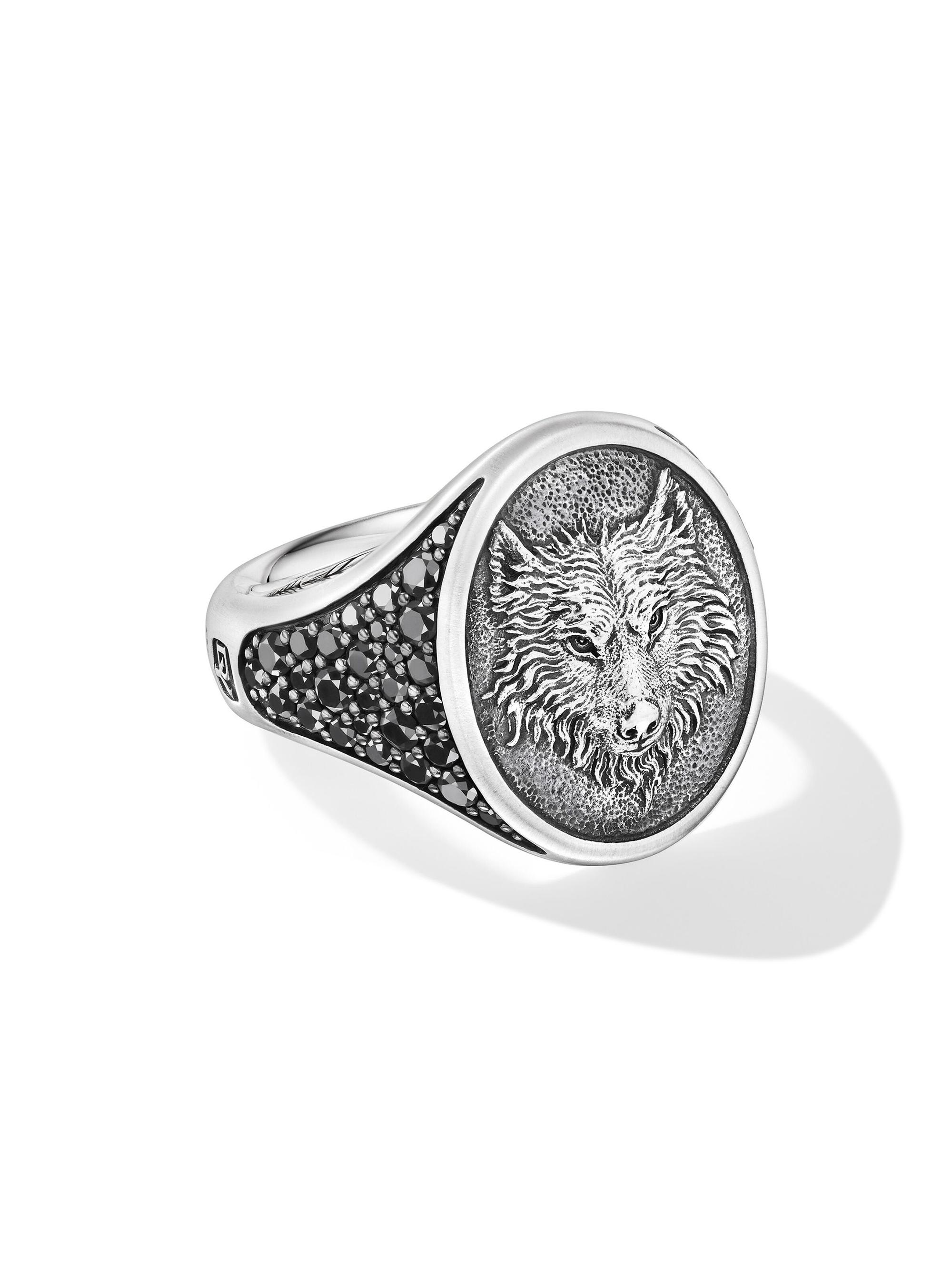 David Yurman Men's Petrvs Wolf Signet Ring in Sterling Silver - Black Diamond
