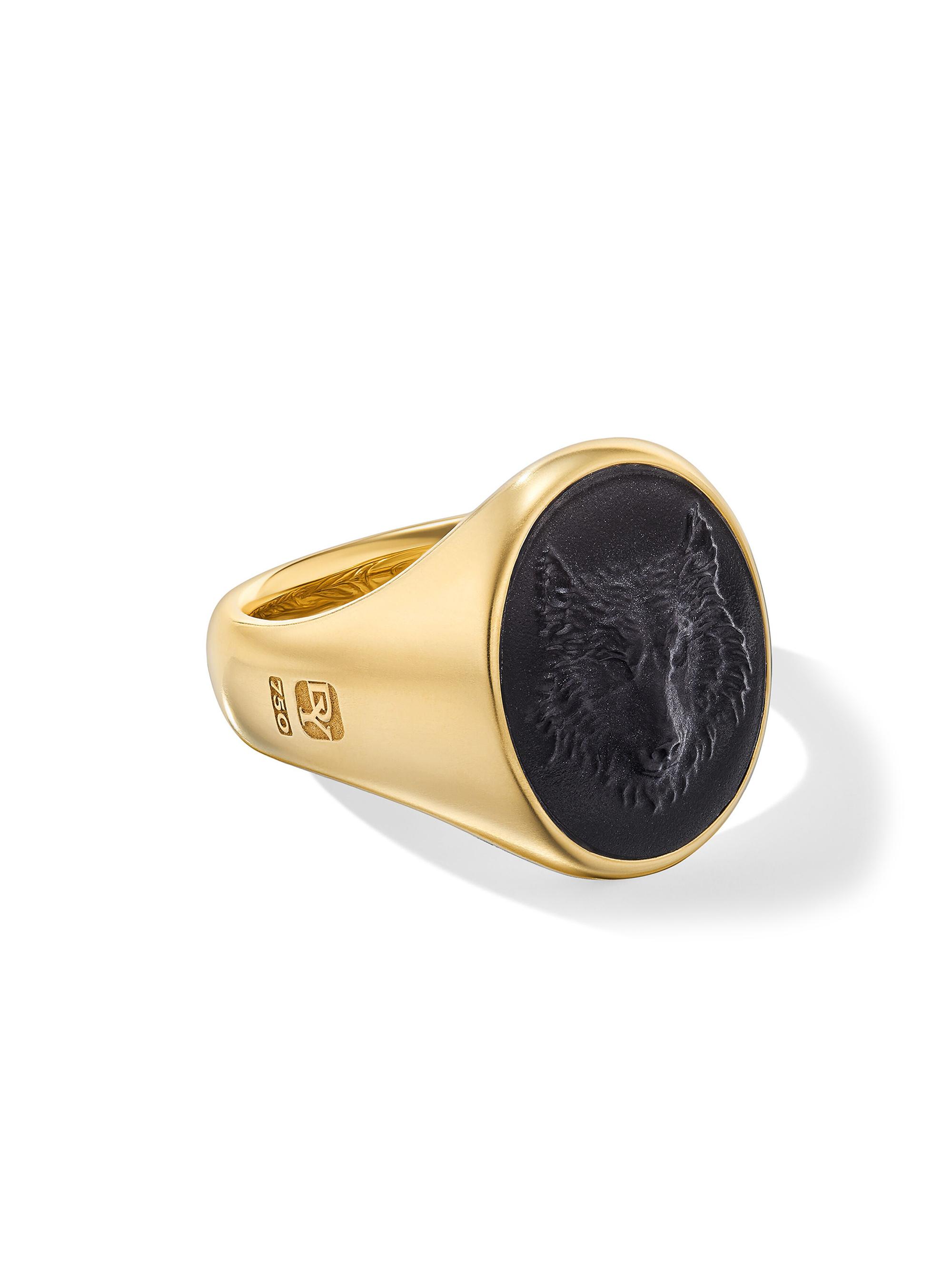 David Yurman Men's Petrvs Wolf Signet Ring in 18K Yellow Gold - Banded Agate