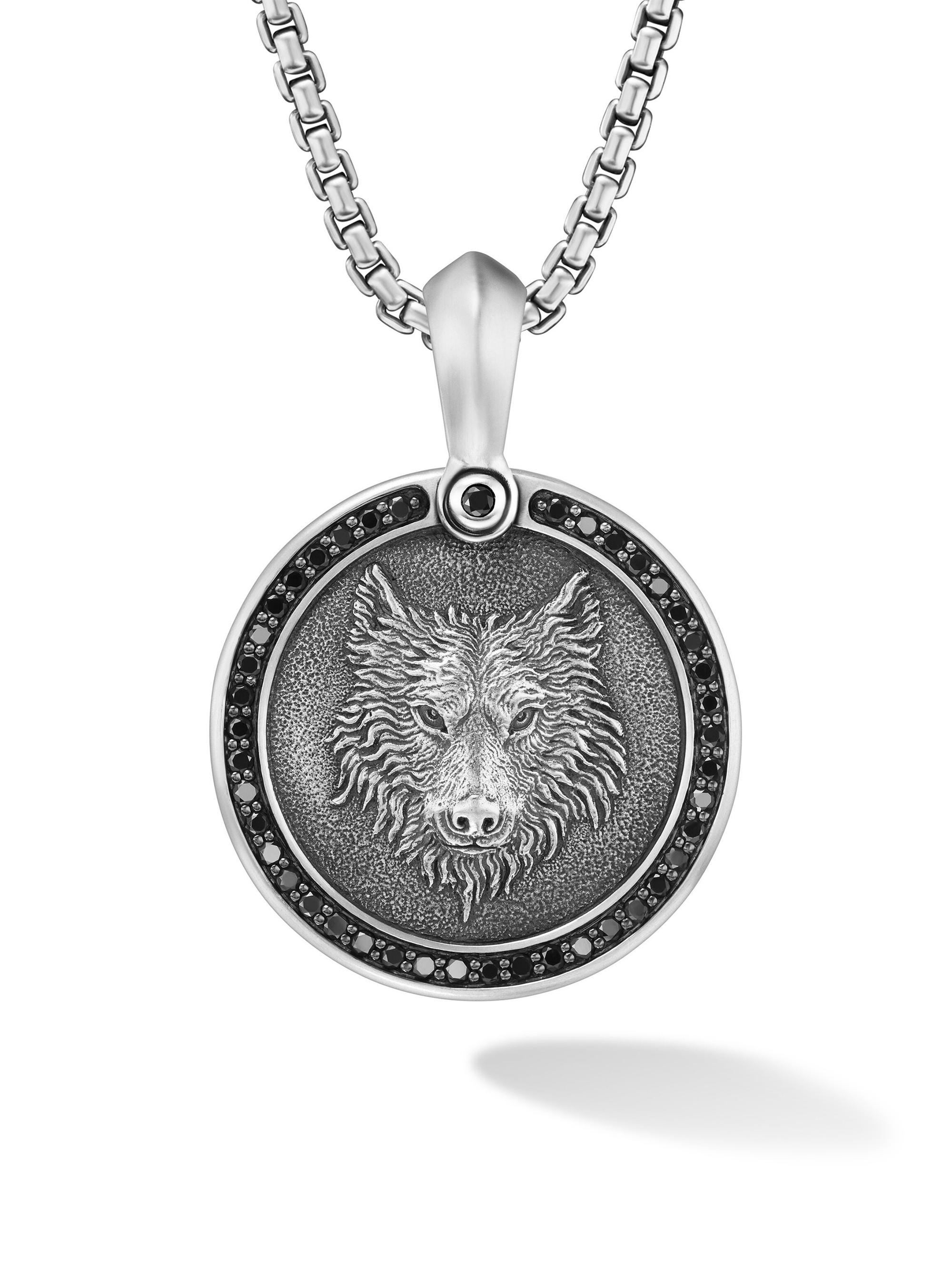 David Yurman Men's Petrvs Wolf Amulet in Sterling Silver - Black Diamond