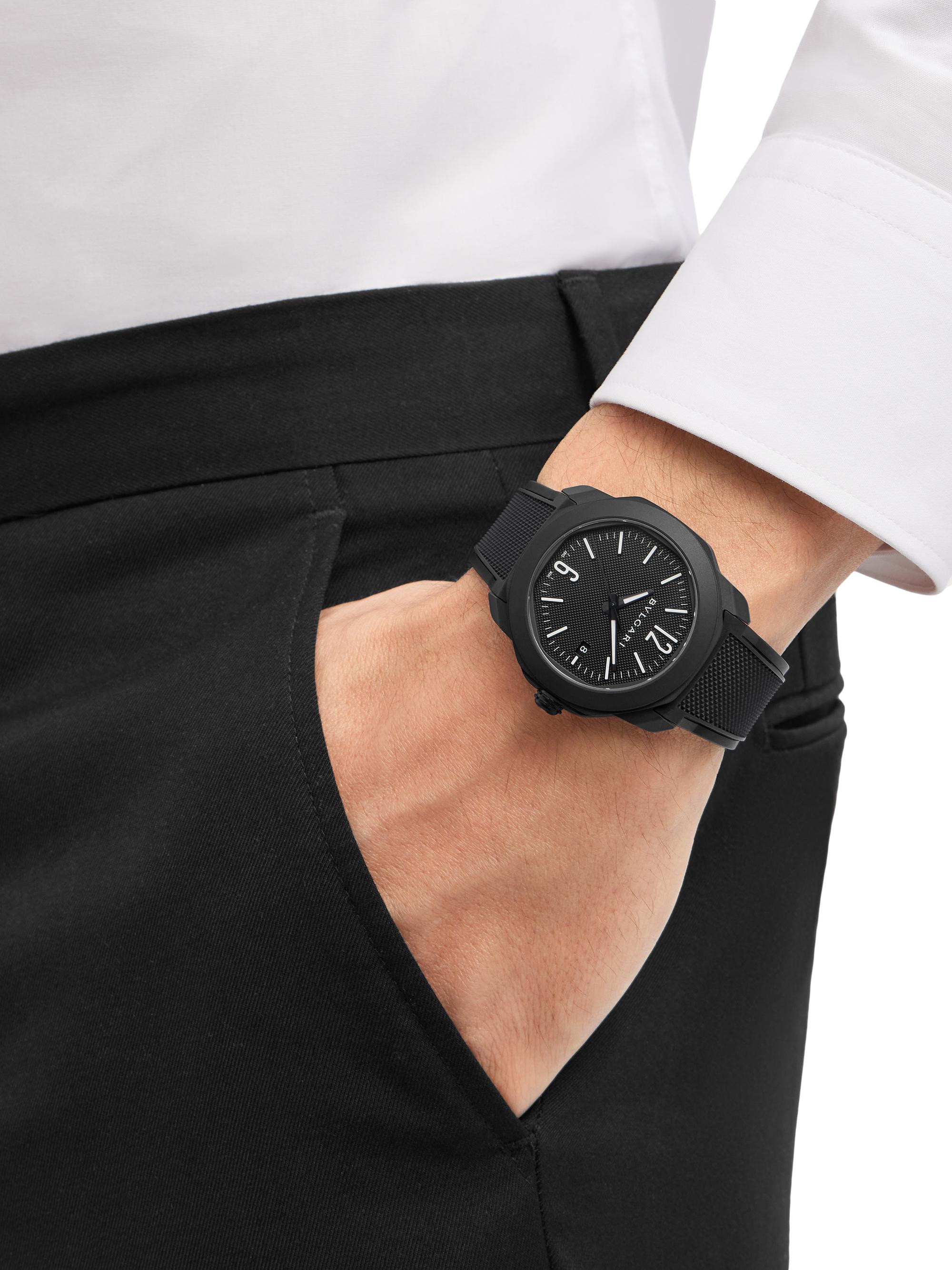 BVLGARI Octo Roma Black Stainless Steel, Rubber & Alligator