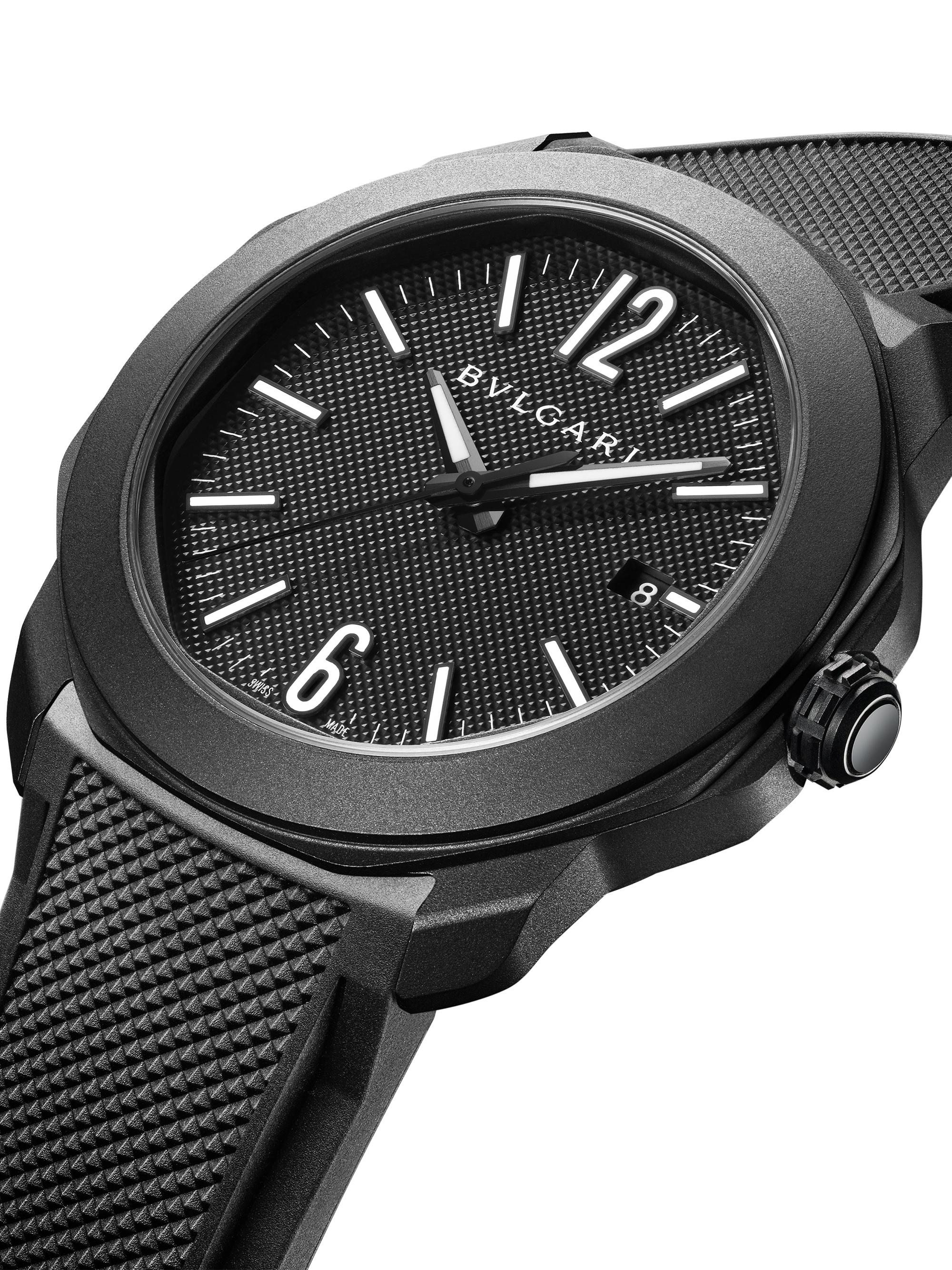 BVLGARI Octo Roma Black Stainless Steel, Rubber & Alligator