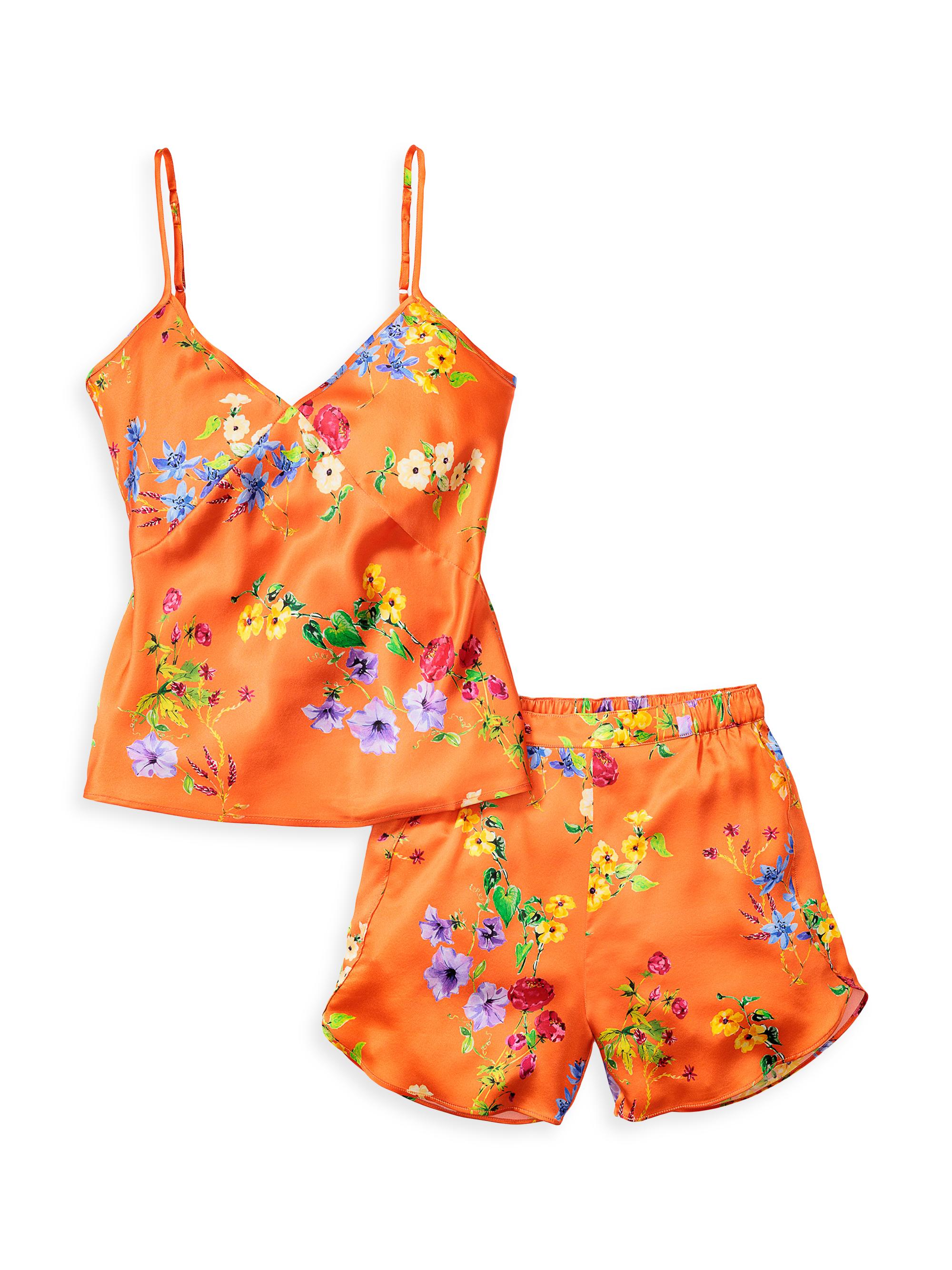 Petite Plume Mulberry Silk Botanical Cami Top & Shorts Set - Tangerine