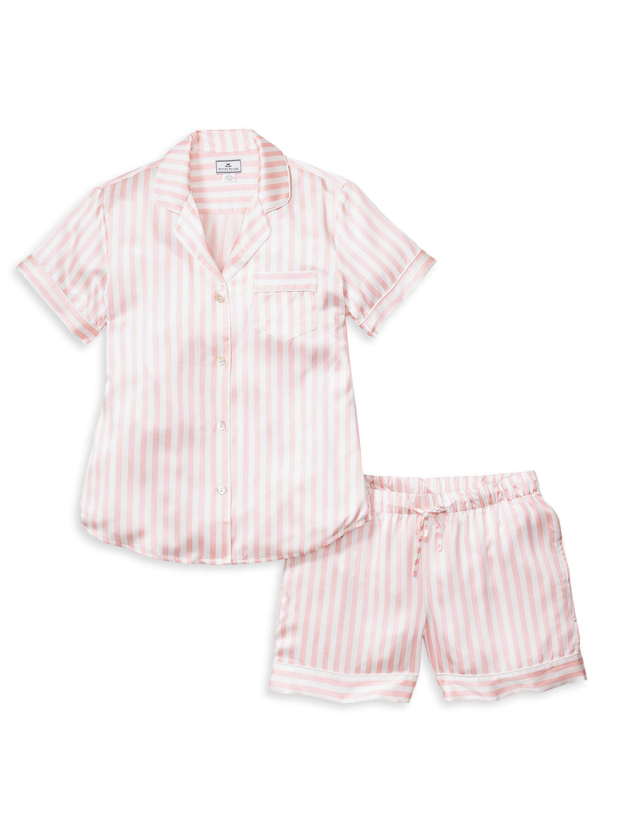 Petite Plume Mulberry Silk Stripes Pajama Shorts Set - Pink Stripe