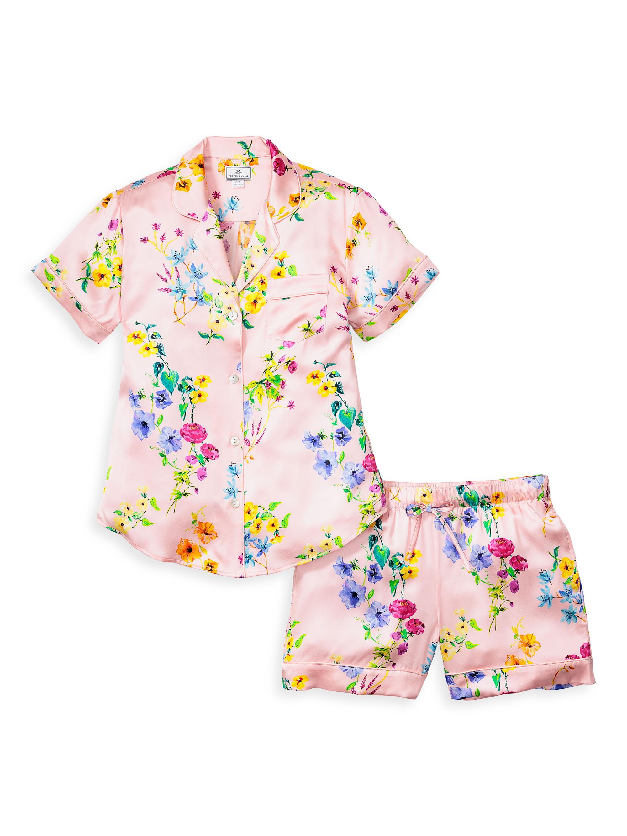 Petite Plume Women's Mulberry Silk Botanical Pajama Shorts Set - Blush
