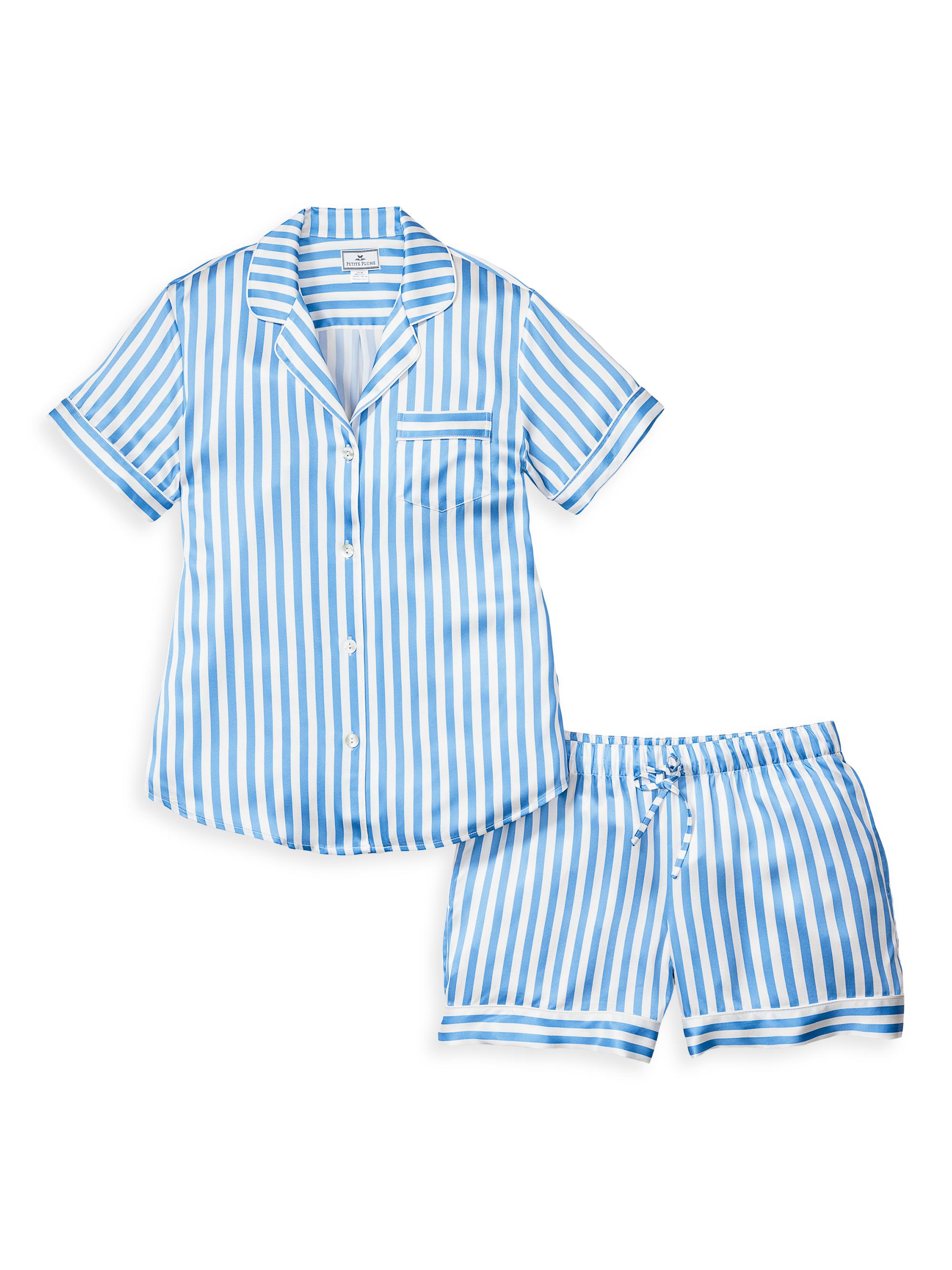 Petite Plume Mulberry Silk Stripe Shorts Pajama Set - Blue White Stripe