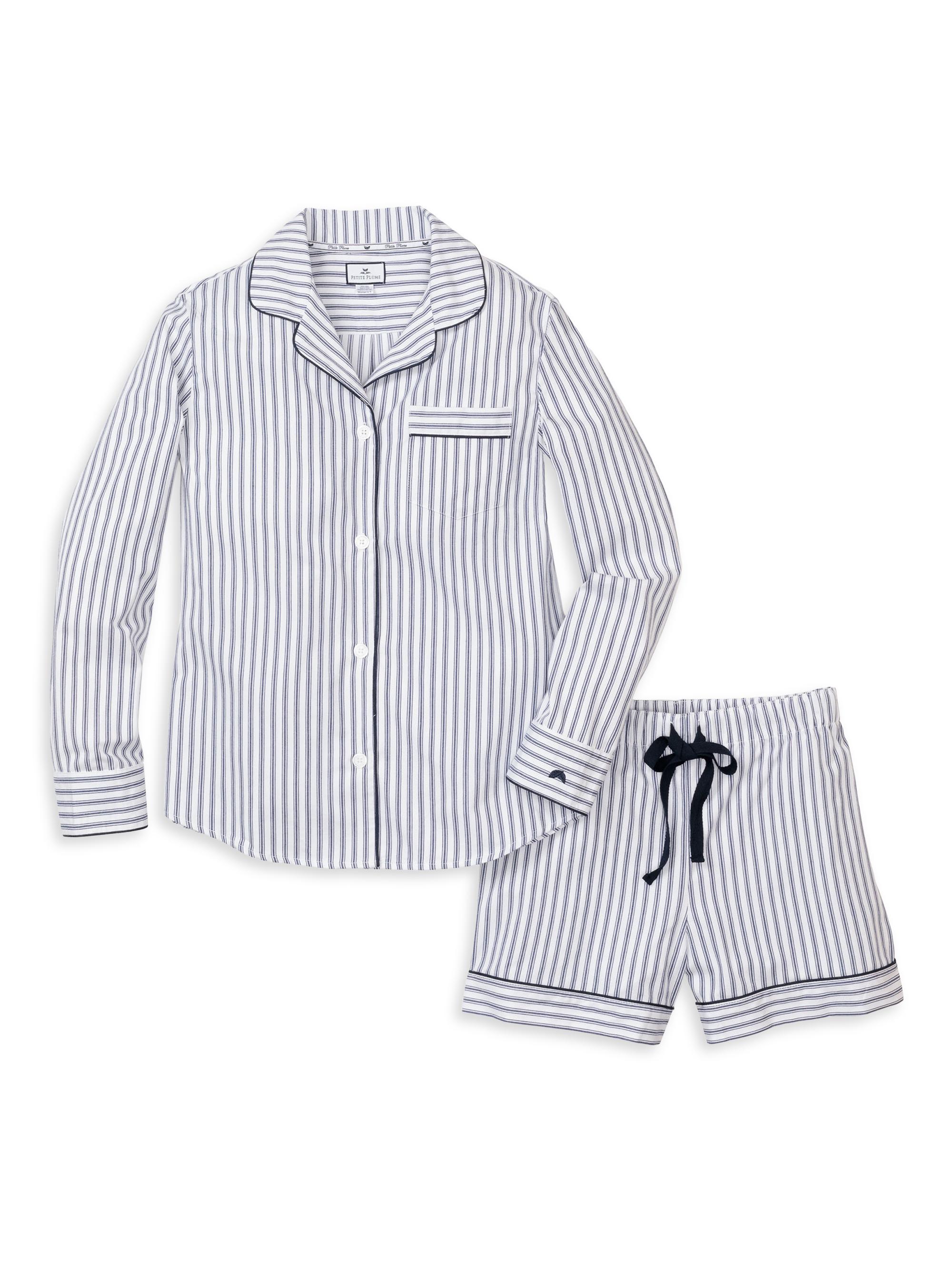 Petite Plume Striped Cotton Pajama Shirt & Shorts Set - White Blue Stripe