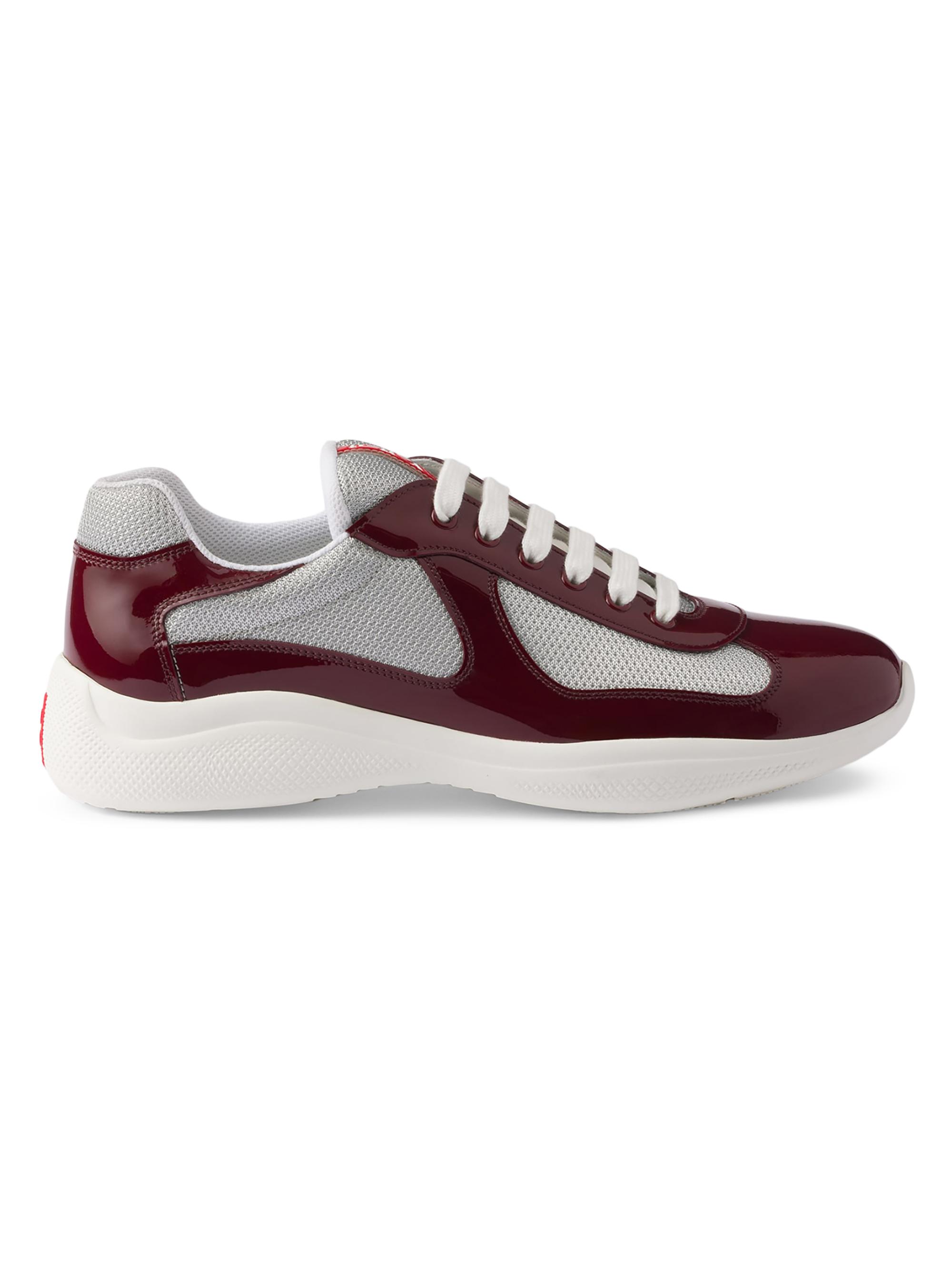Prada Men's Patent Leather and Technical Fabric  America's Cup Sneakers - Dark Red