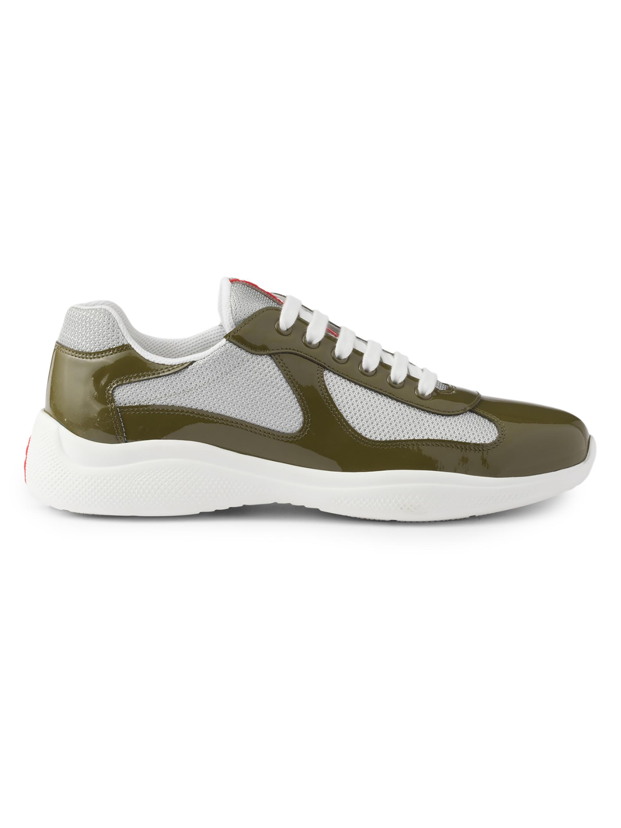 Prada Men's Patent Leather and Technical Fabric  America's Cup Sneakers - Olive