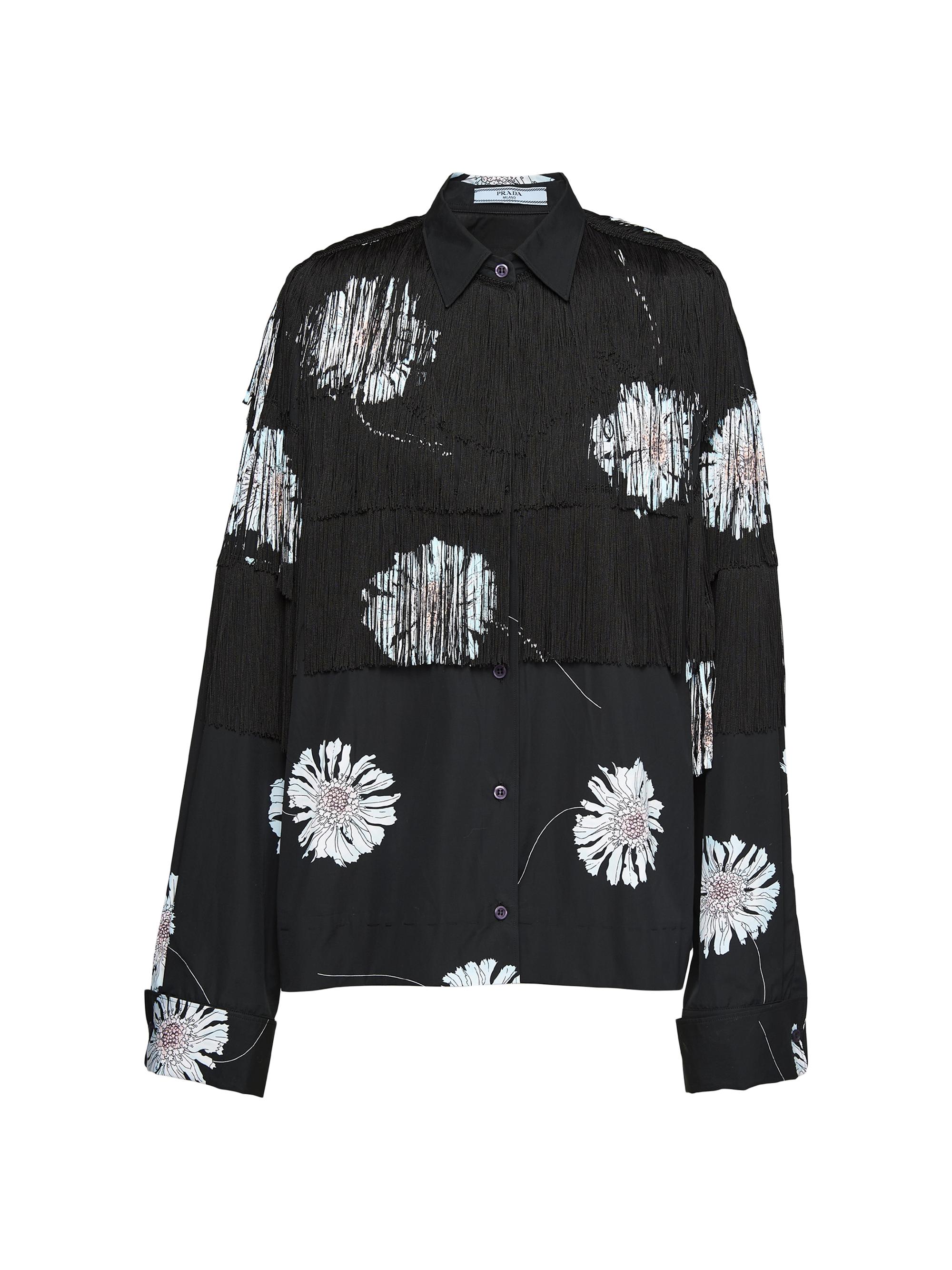 Prada Women's Printed Poplin Shirt With Fringe - Black Multi
