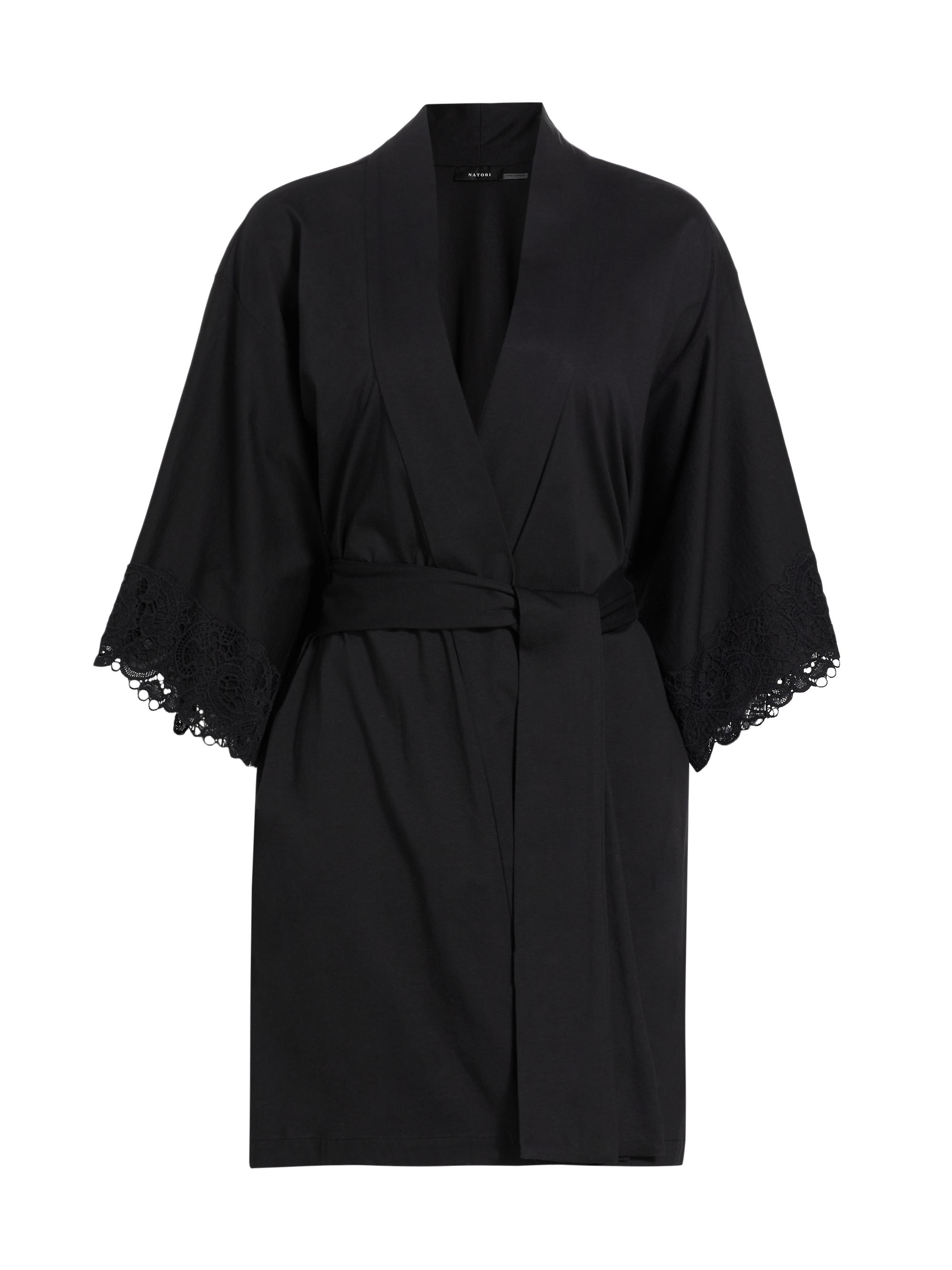Natori Women's Bliss Harmony Lace-Trimmed Cotton Robe - Black