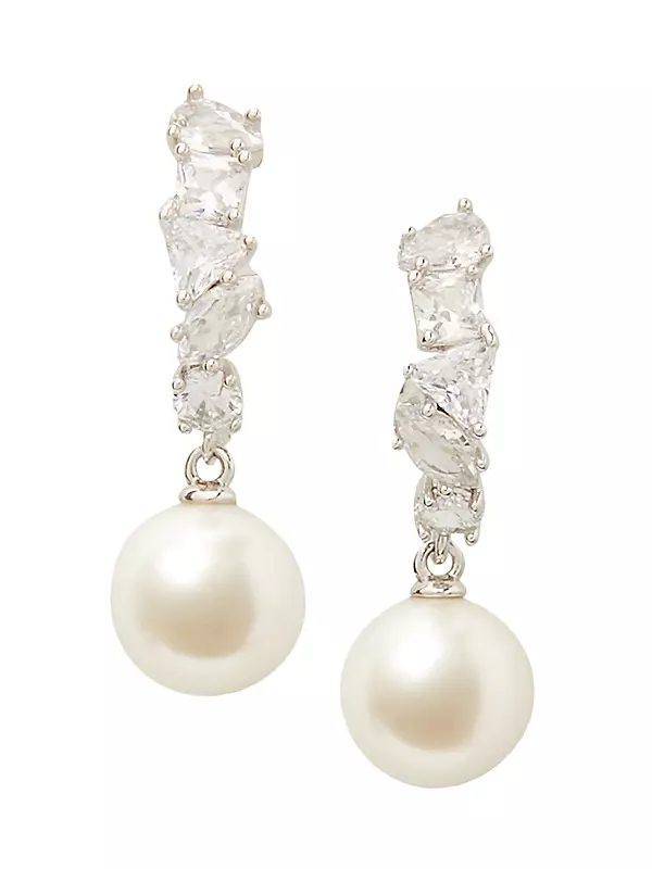 Happily Ever After Silver-Plated, Glass Pearl & Cubic Zirconia Huggie Hoop Earrings