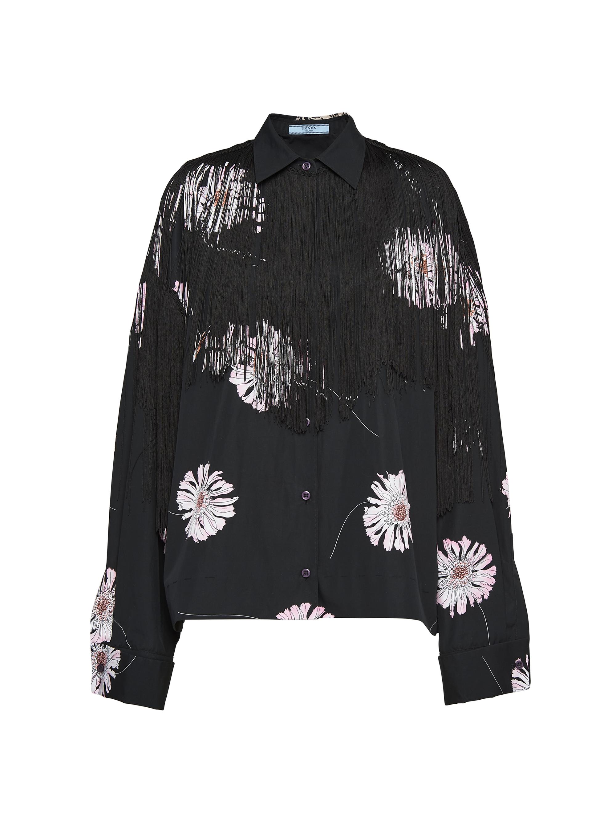 Prada Women's Printed Poplin Shirt with Fringe - Black
