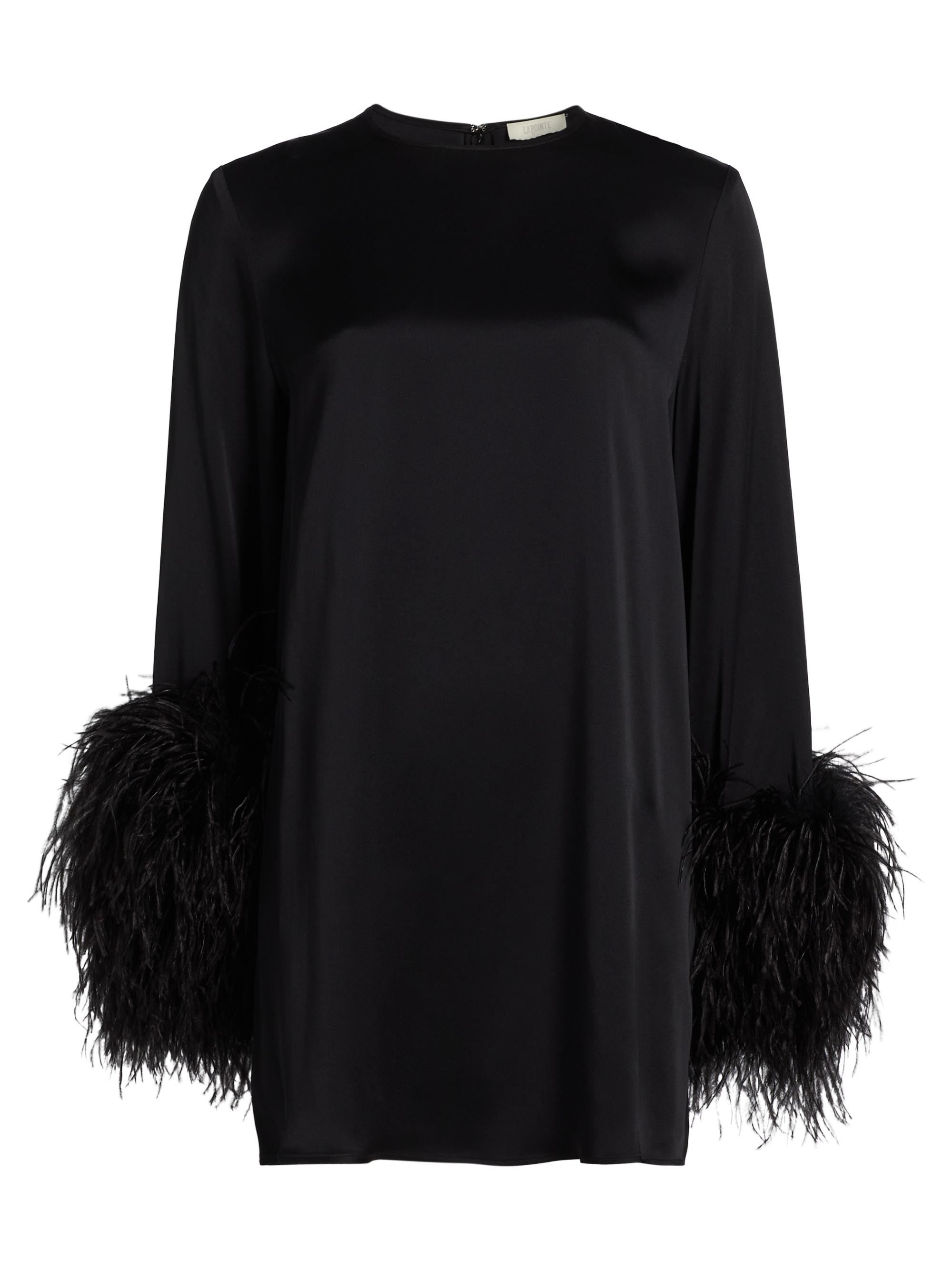 LaPointe Women's Double-Face Satin Feather-Cuff Minidress - Black