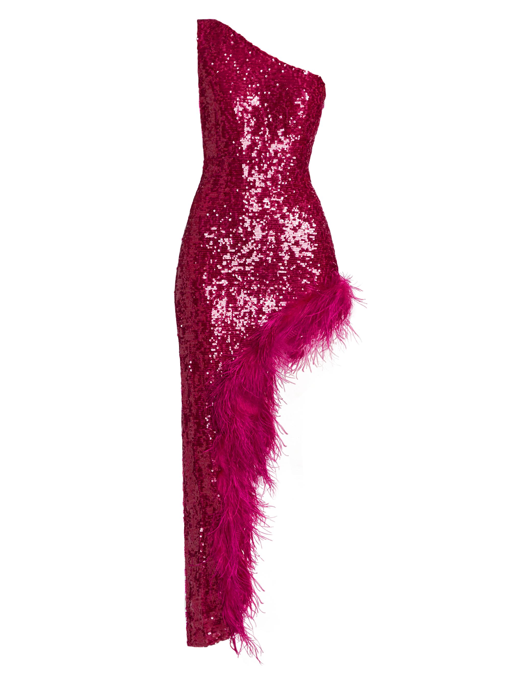 Sequin Feather One-Shoulder Midi Dress