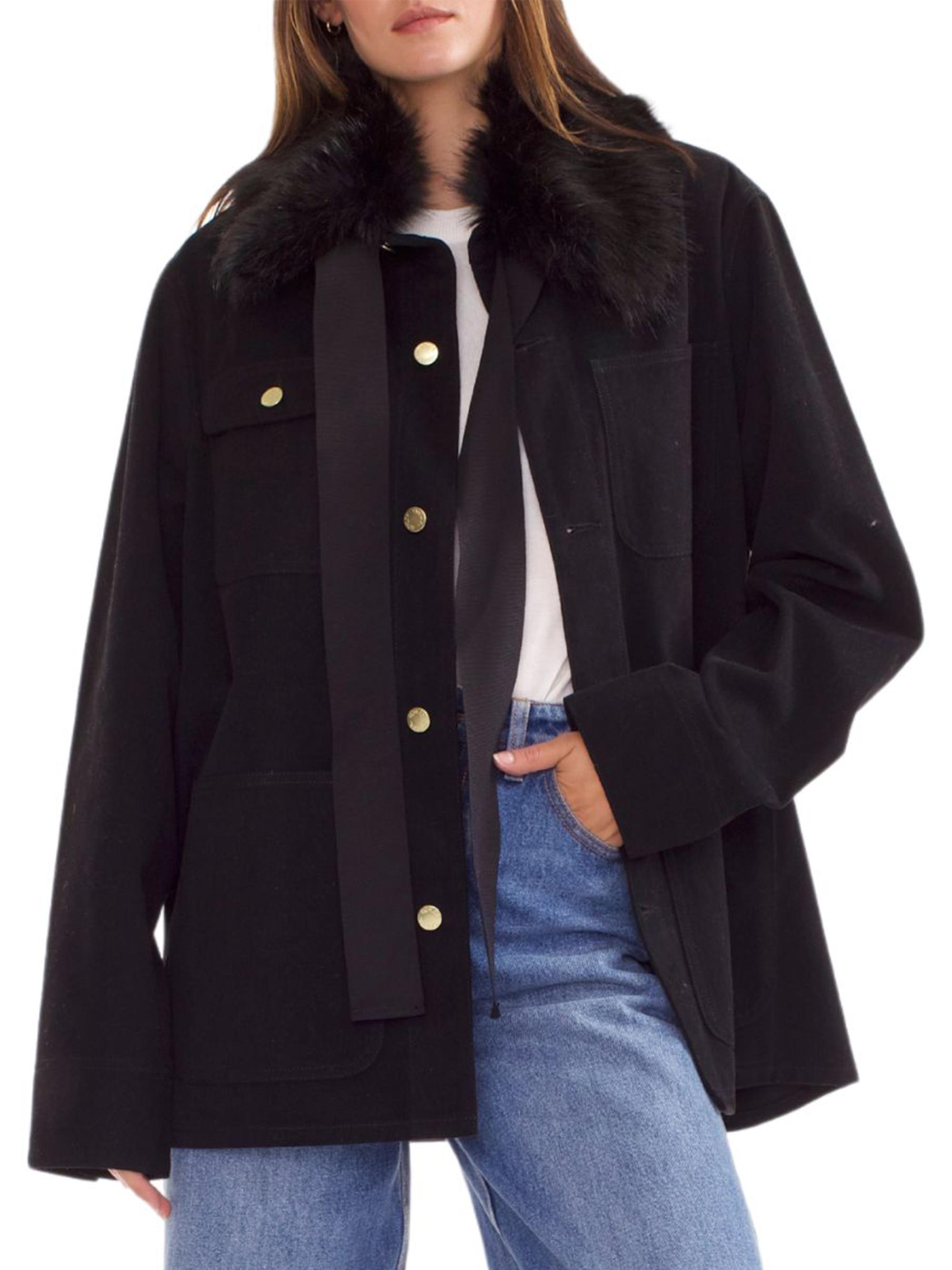Cynthia Rowley Women's Removable Faux Fur Collar Cotton Twill Jacket - Black